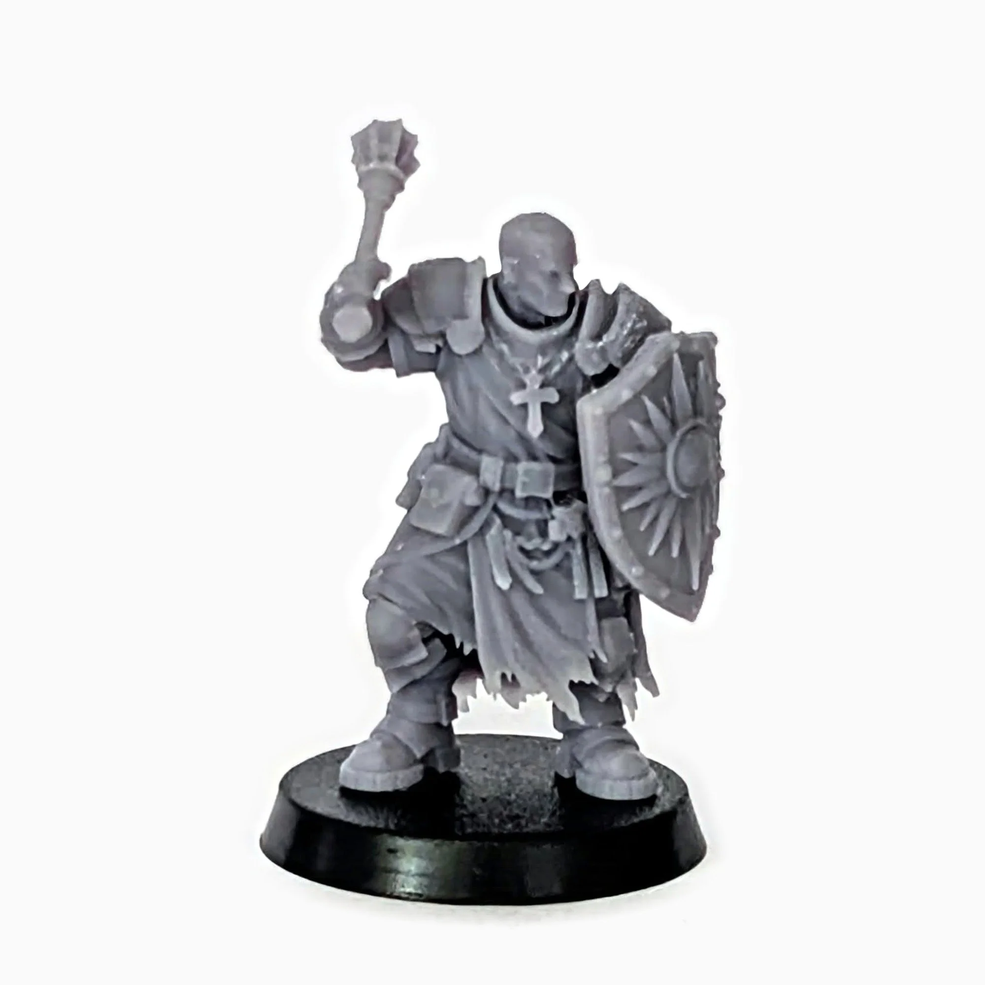 Armoured Cleric miniature with mace and sunburst shield, unpainted resin