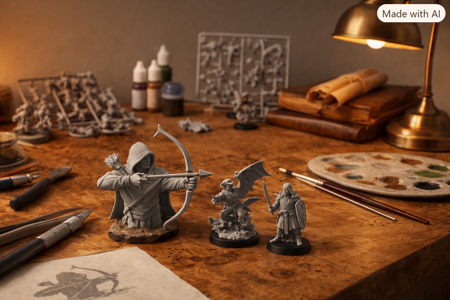 Miniature fantasy figures including a hooded archer, a dragon, and a knight on a wooden desk with paints, brushes, and other modeling tools.