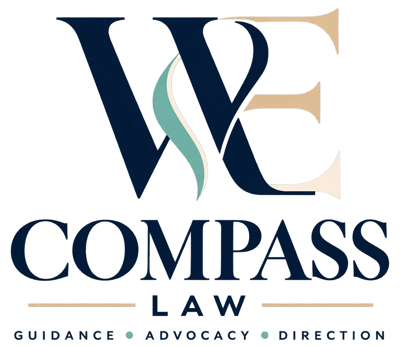 Logo for Waneta Ellis and Compass Law, featuring a stylized 'W' and 'E' with three upward-pointing arrows in red, beige, and gray, and text indicating guidance, advocacy, and direction.