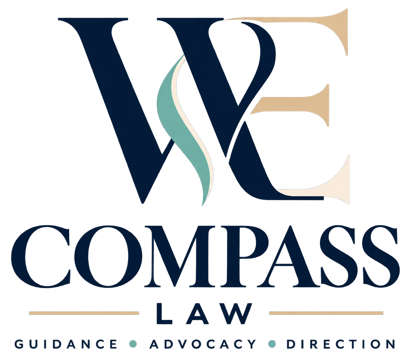 Logo featuring a stylized letter 'W' and "E" symbolizing Waneta Ellis, the attorney, next to the text 'COMPASS LAW' with a tagline below that reads 'GUIDANCE • ADVOCACY • DIRECTION'.