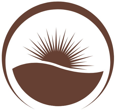 Logo featuring a sunrise over rolling hills within a circular border