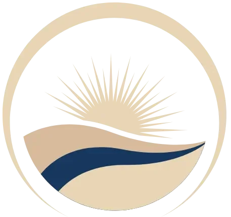 Logo featuring a sunburst above a landscape with a river and hills, enclosed in a circular border.
