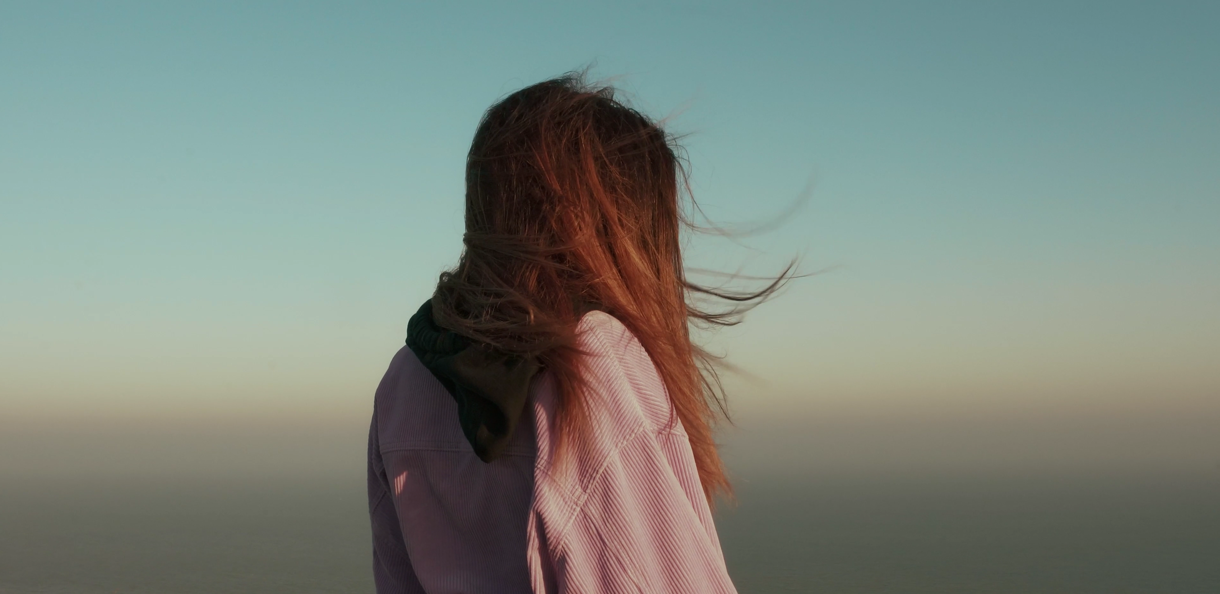 A person with long hair standing outdoors during sunset or sunrise, facing away from the camera.