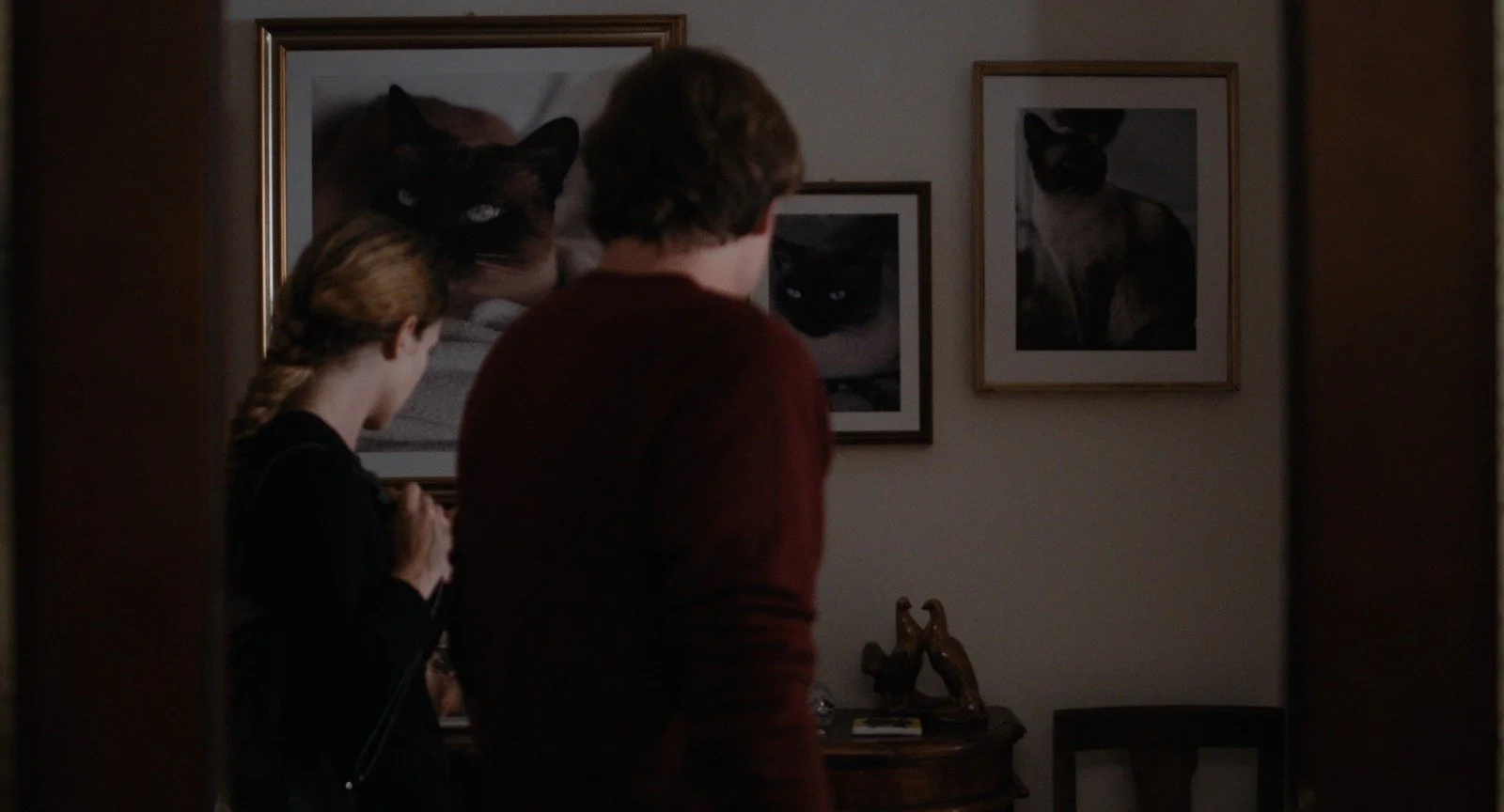 Three people, a woman, a girl, and a boy, are looking at framed photographs of cats on the wall in a dimly lit room.