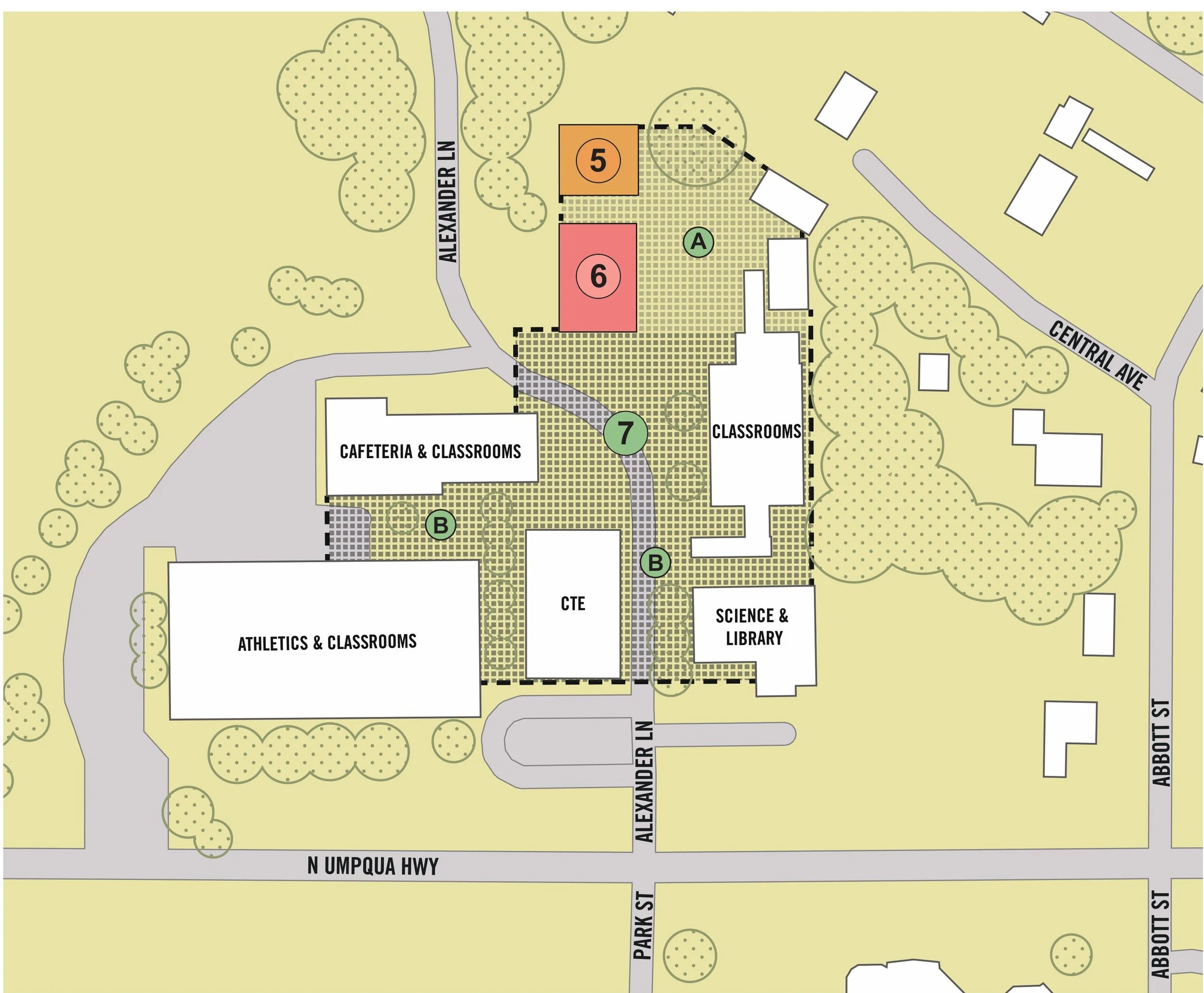 Map of a school campus showing roads, buildings, trees, and labeled areas such as athletics and classrooms, science and library, cafeteria and classrooms, and a parking lot.