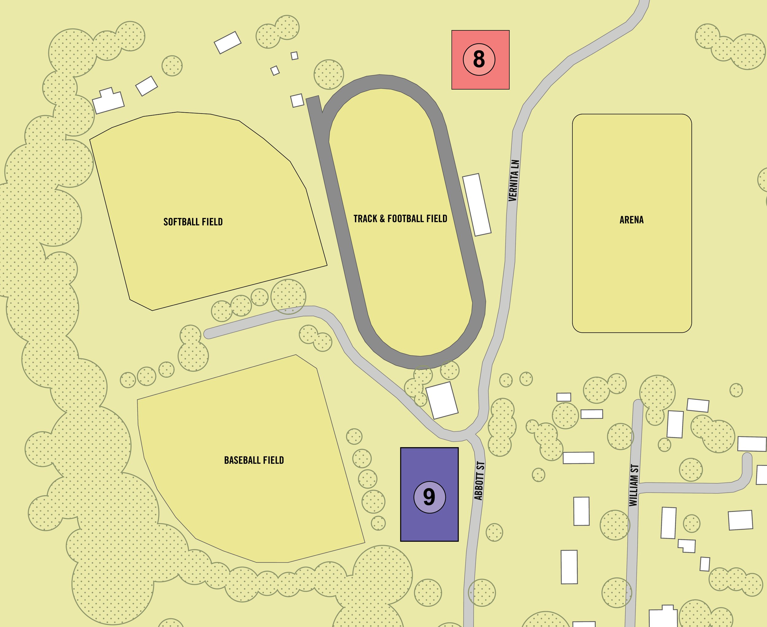 Illustrated campus site map of the Glide School District athletic grounds featuring the Softball Field, Baseball Field, Track & Football Field, and Arena along Vernita Lane, Abbott Street, and William Street, with numbered project markers.