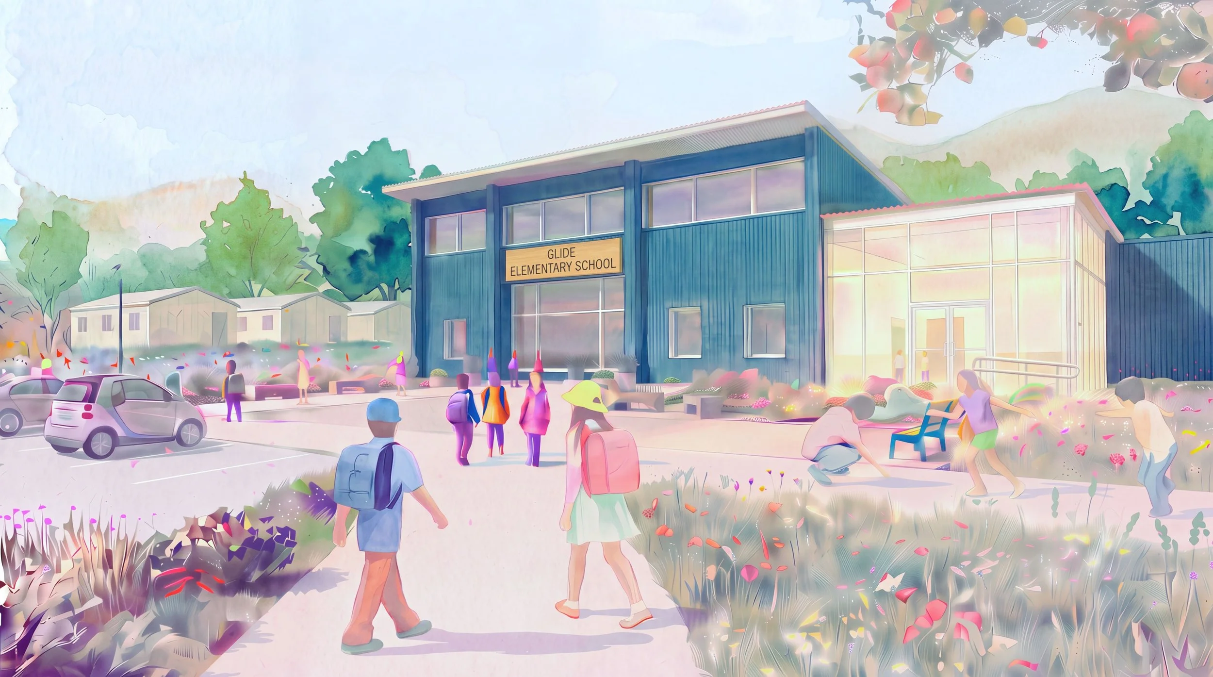 Watercolor illustration of the front exterior of Glide Elementary School with students walking along the paved walkway and colorful flower beds.