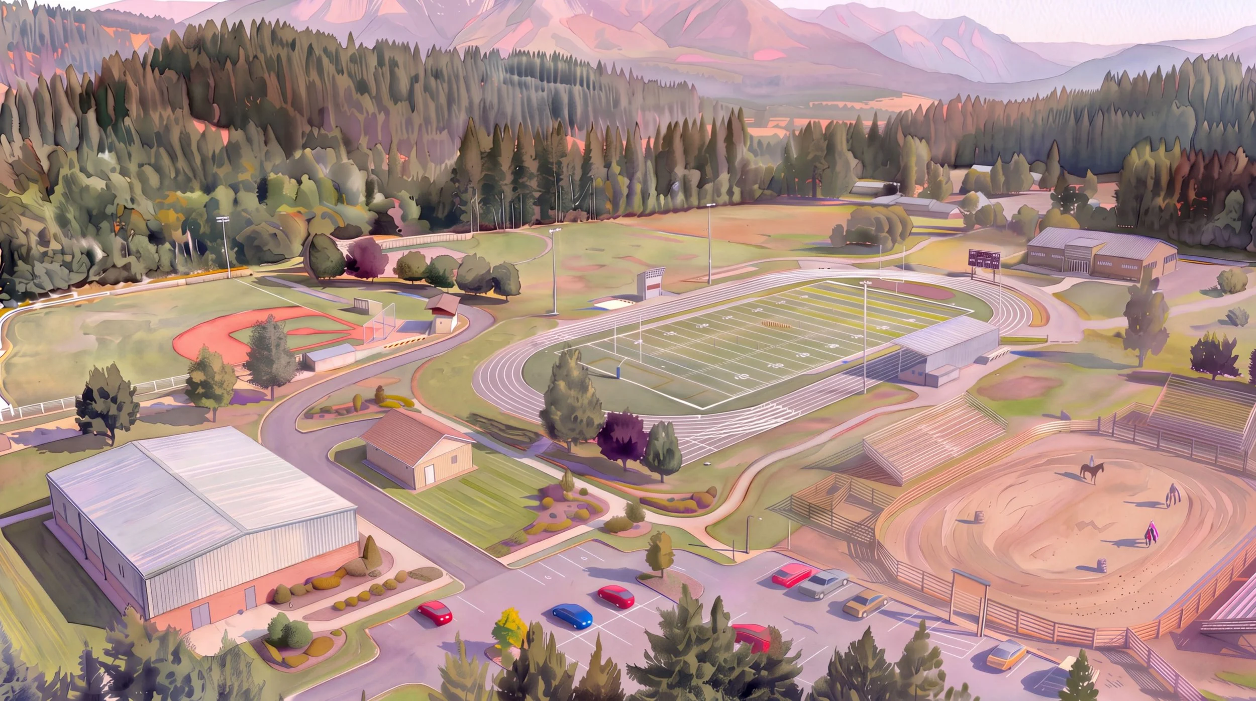 Aerial watercolor view of the GSD Athletic Complex, showing a football field surrounded by a running track, stadium seating, surrounding trees, parking lots, and distant mountains.