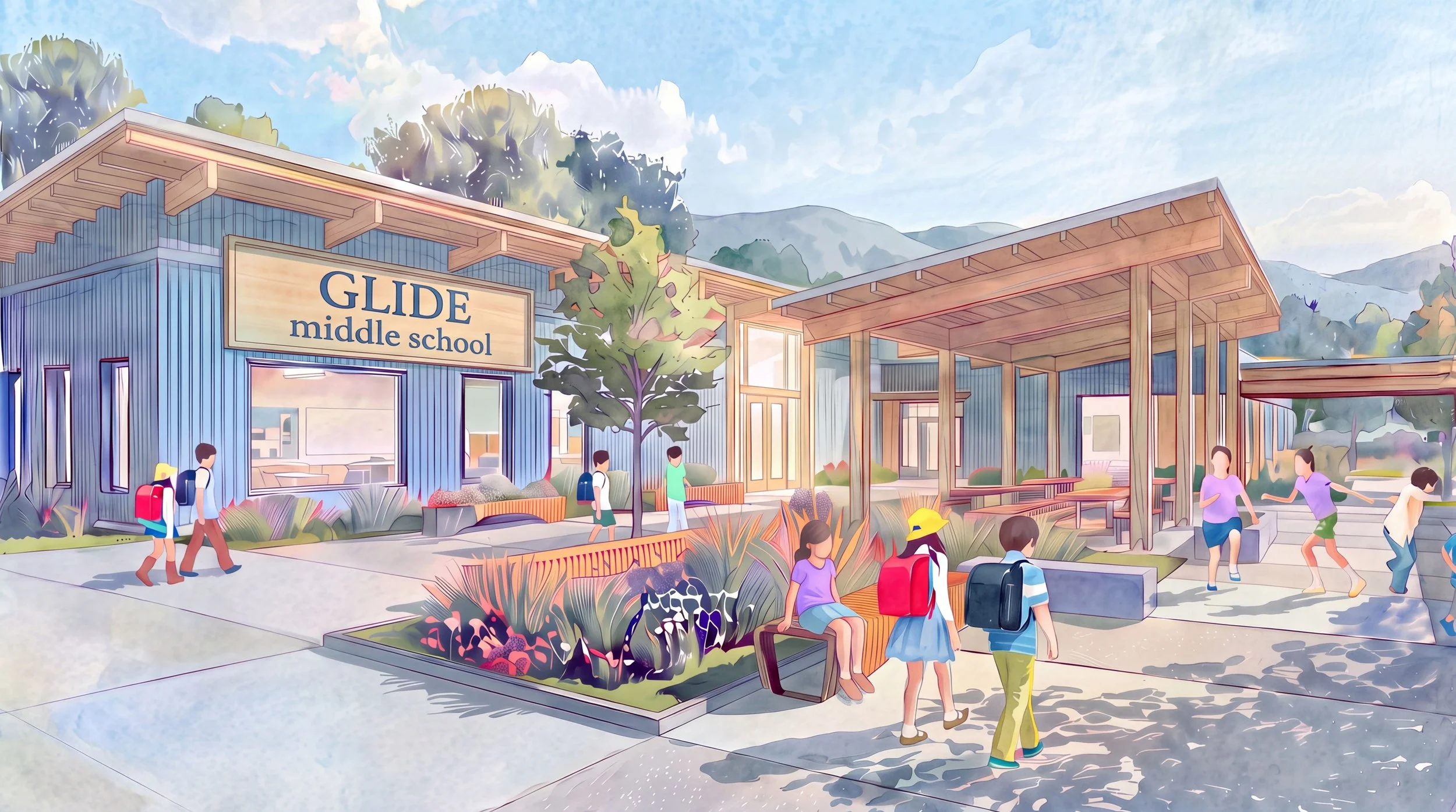 Watercolor illustration of the exterior entrance of Glide Middle School featuring students walking near large windows, wood-trimmed roofing, and manicured landscaping.