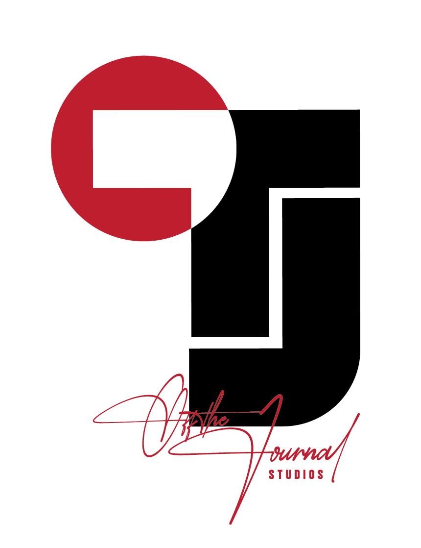 Stylized logo with the letters 'Q' in red and black, with the words 'on the Journal Studios' written in red cursive and small uppercase font.