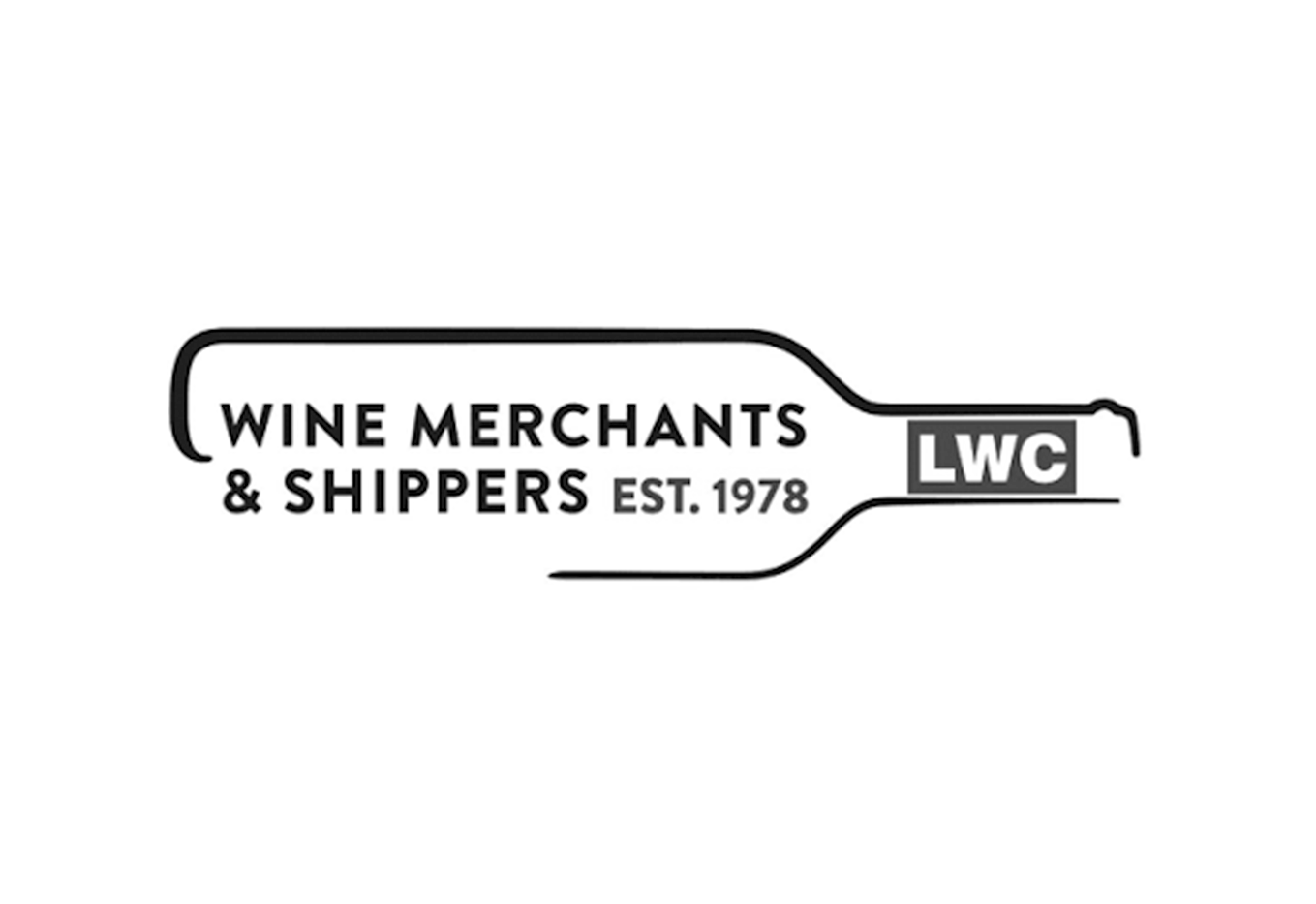 Black and white logo of a wine bottle with the text "Wine Merchants & Shippers EST. 1978" inside the bottle outline, and a label "LWC" at the neck of the bottle.
