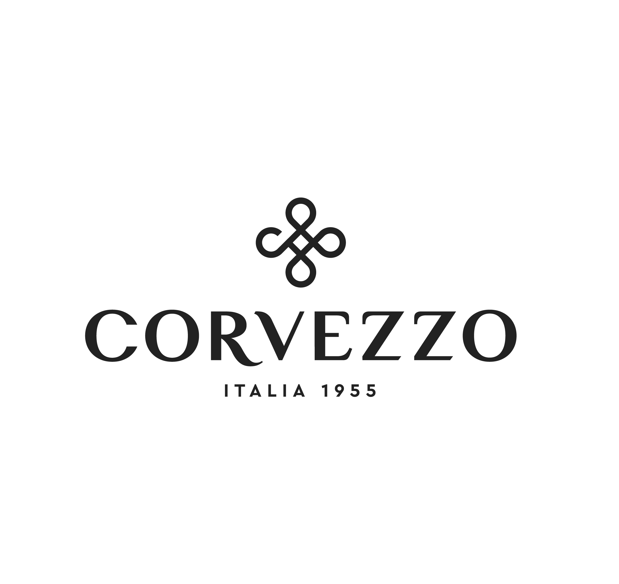 Black background with the word "CORVÉZO" in large light gray uppercase letters and "ITALIA 1955" below in smaller gray capital letters. A decorative gray emblem is centered above the text.