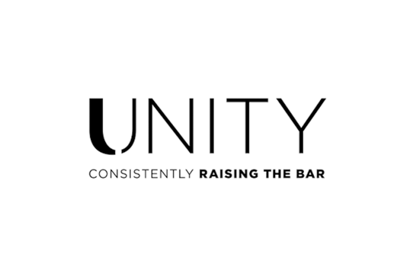The word 'UNITY' in large black letters with the phrase 'Consistently RAISE THE BAR' beneath it, on a white background.