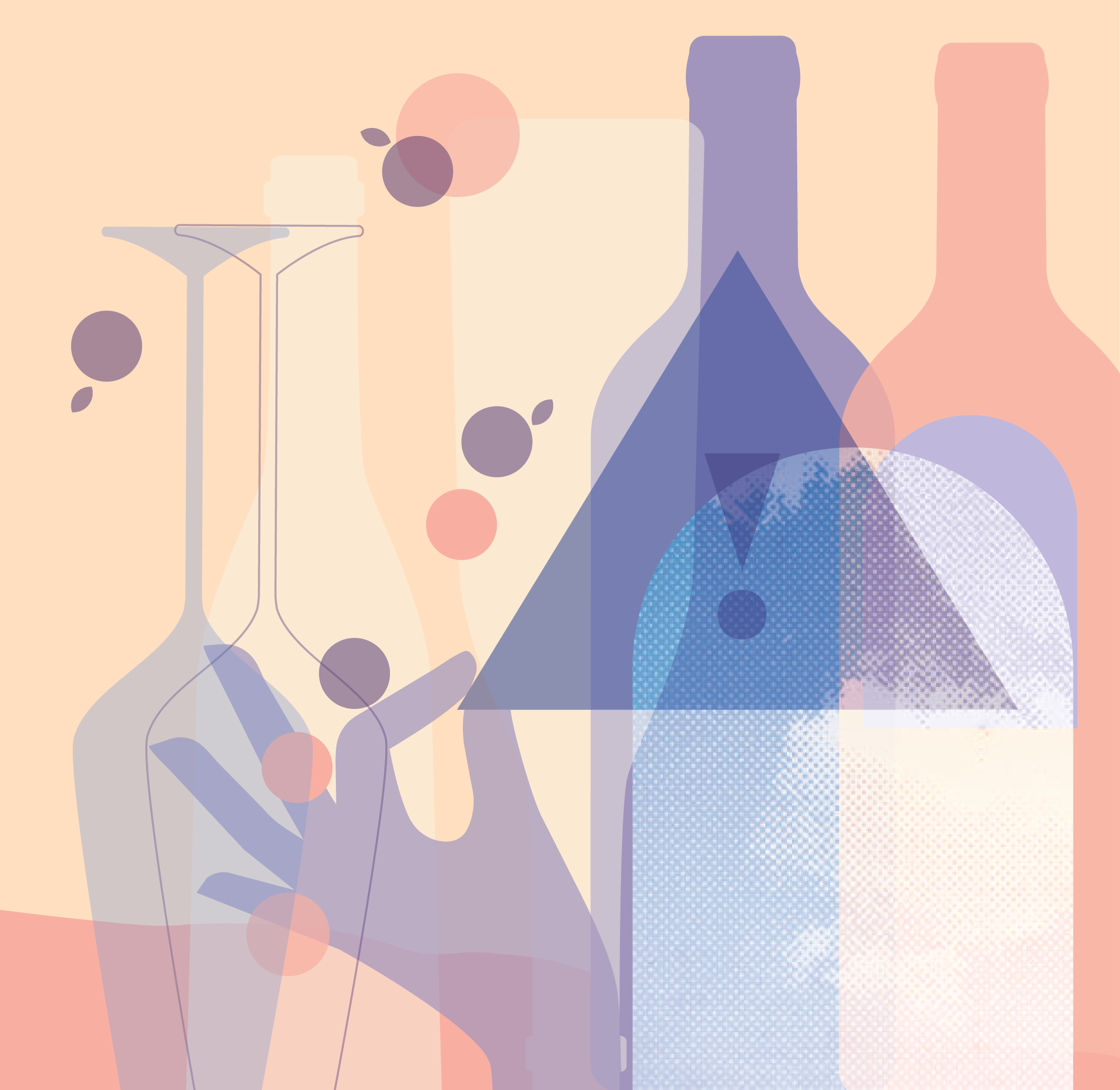 Abstract illustration of laboratory glassware with colored liquids and bubbles, in pastel tones.