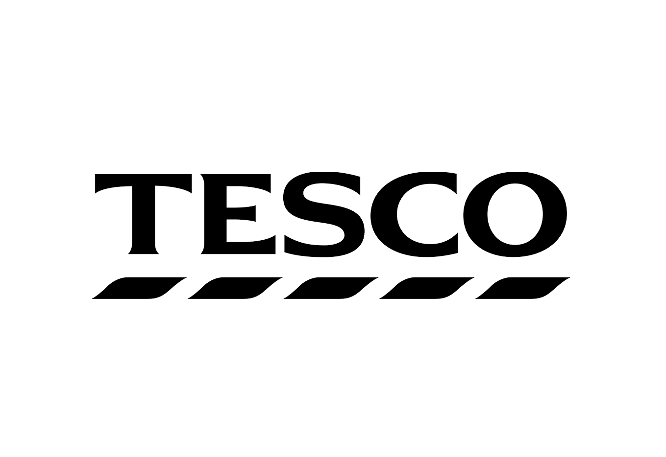 Black background with large white outlined text that reads 'TESCO' and a simple diagonal line pattern below the text.