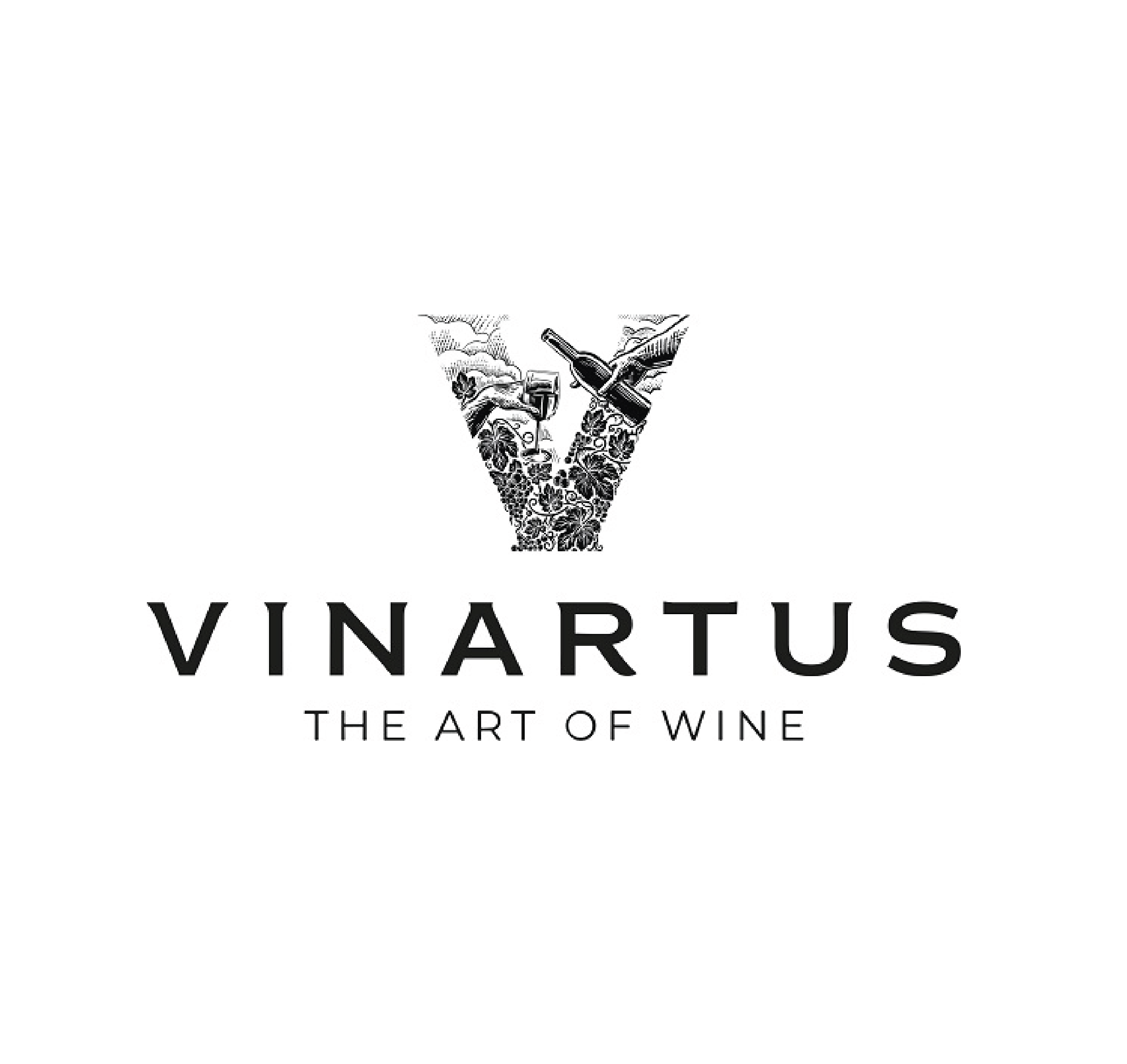 Black and white logo for Vinartus with a stylized beaker pouring wine, with the tagline 'The Art of Wine'.