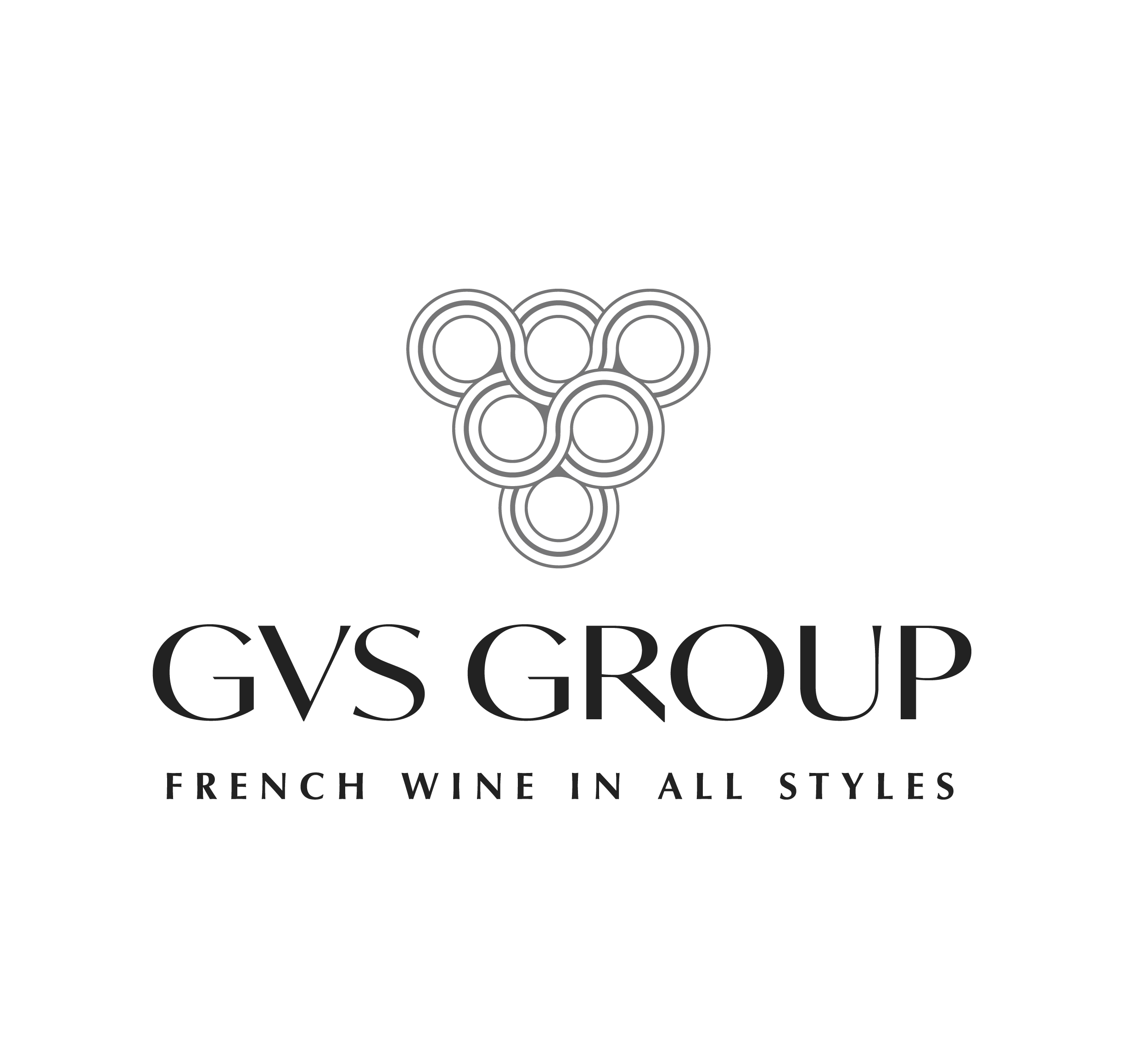 Black background with a logo of a bunch of grapes made of interconnected circles. Below the logo, the text reads 'GVS GROUP' and 'FRENCH WINE IN ALL STYLES'.