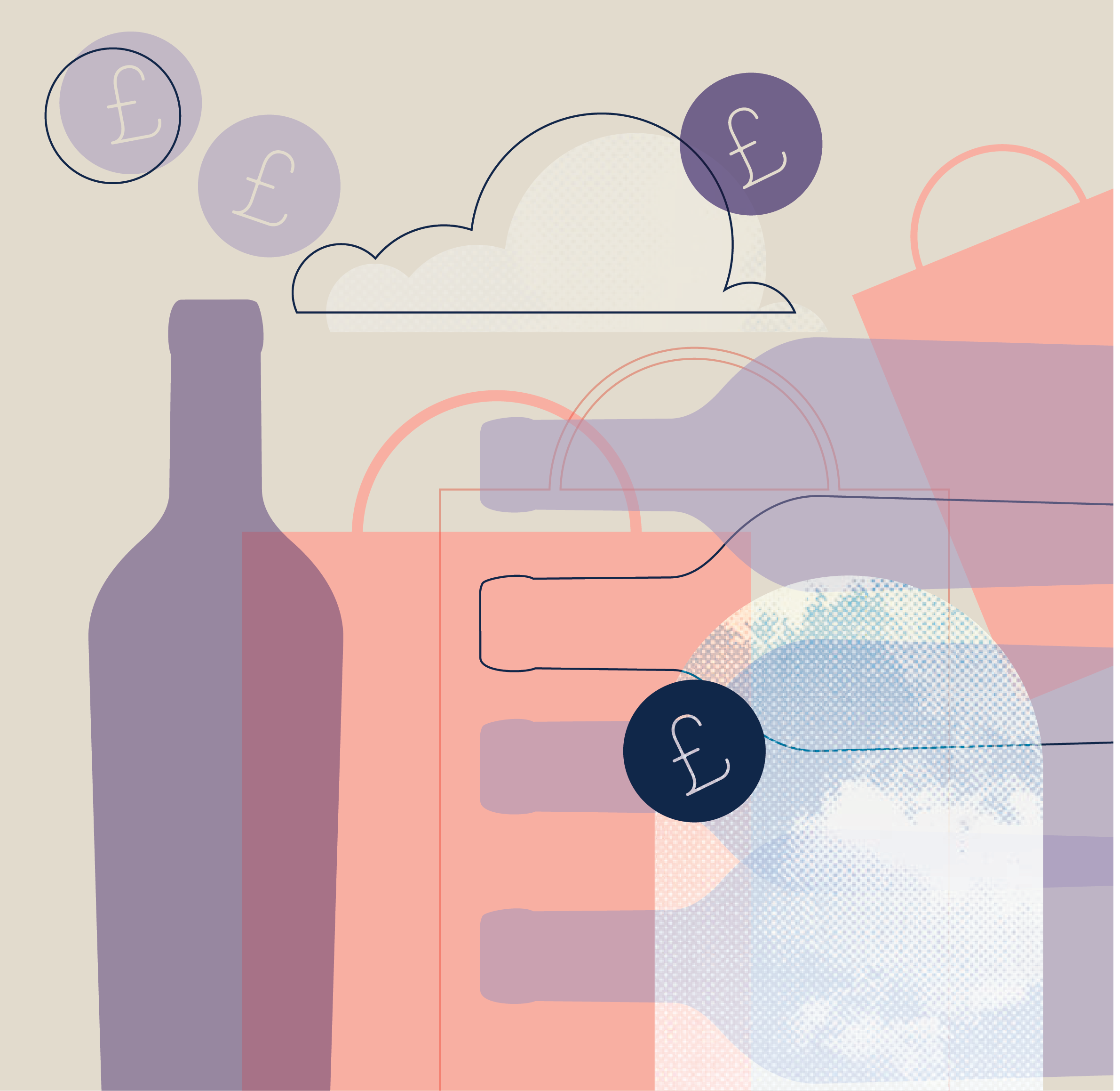 Abstract digital illustration featuring a cloud with lines connecting to purple and navy circles containing pound sterling symbols, and geometric shapes in pastel shades of pink, purple, and white.