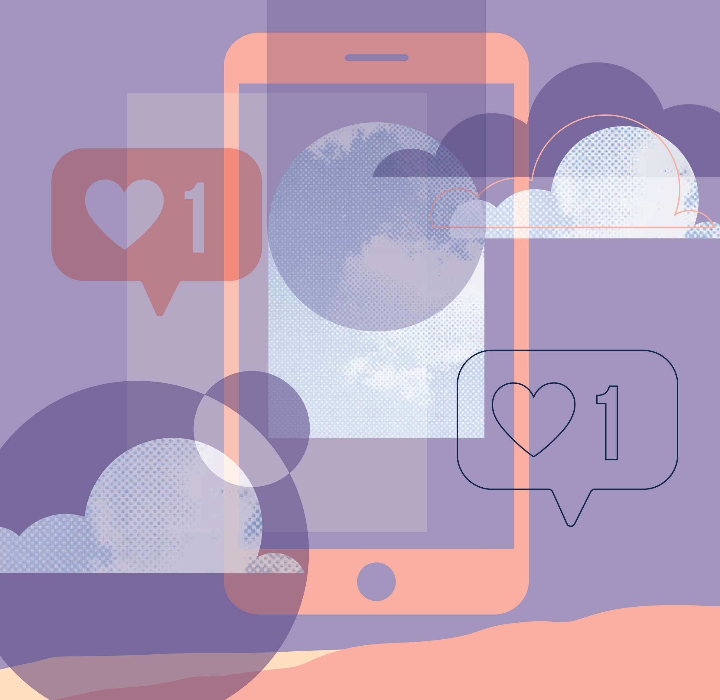 Abstract digital illustration featuring overlapping icons of a heart with the number 1, a speech bubble, a cloud, and a phone, with a purple and peach color palette.