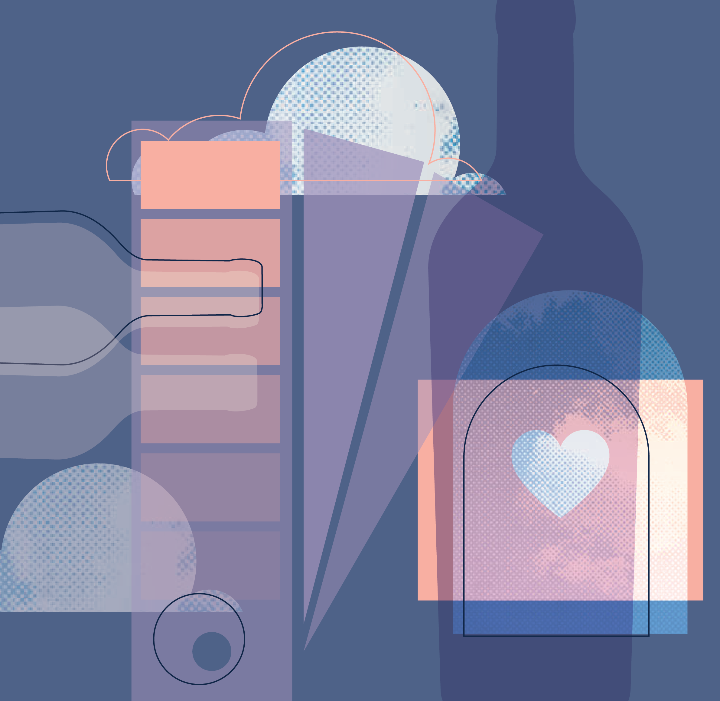 Abstract digital artwork with shapes, lines, circles, squares, and curved elements in shades of blue, purple, pink, and white.