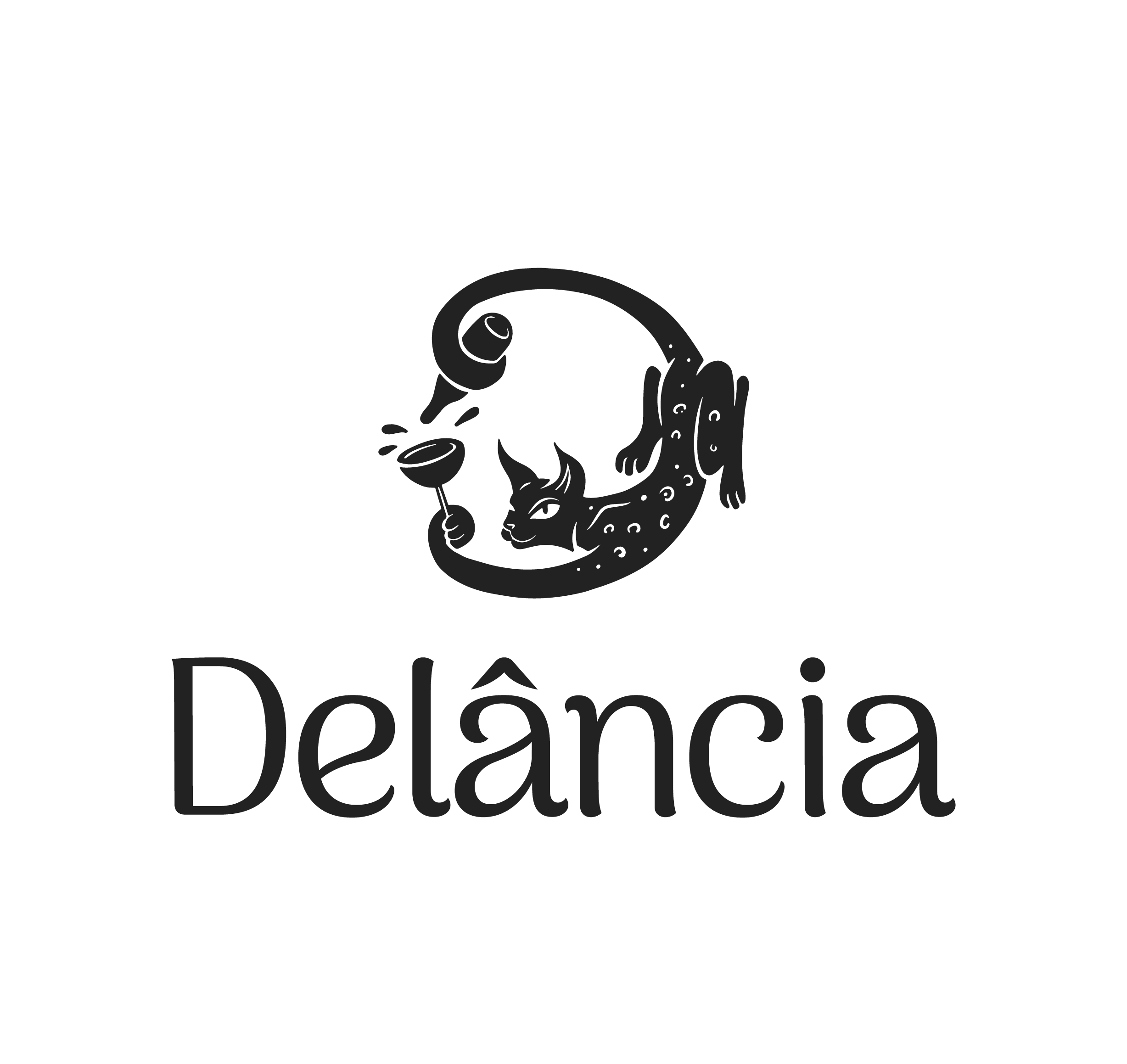 Black background with the word "Delecta" written in large, transparent font and an illustration of a mouse holding a wine glass, with a mouse's head below.