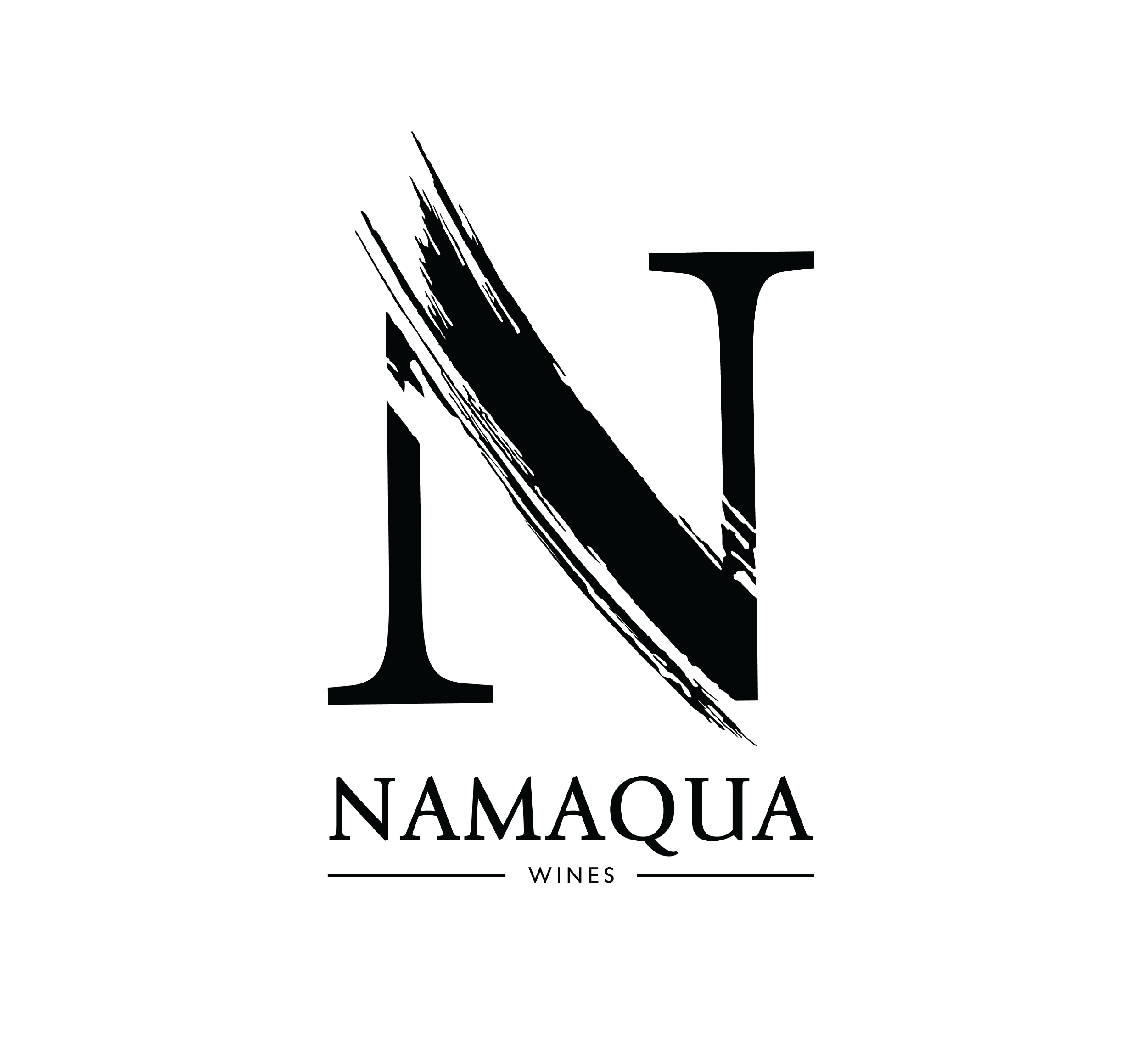 Logo for NamQuatra Wines with a stylized black and white ink brush stroke forming the letter N above the text 'NAMAQUA WINES'.