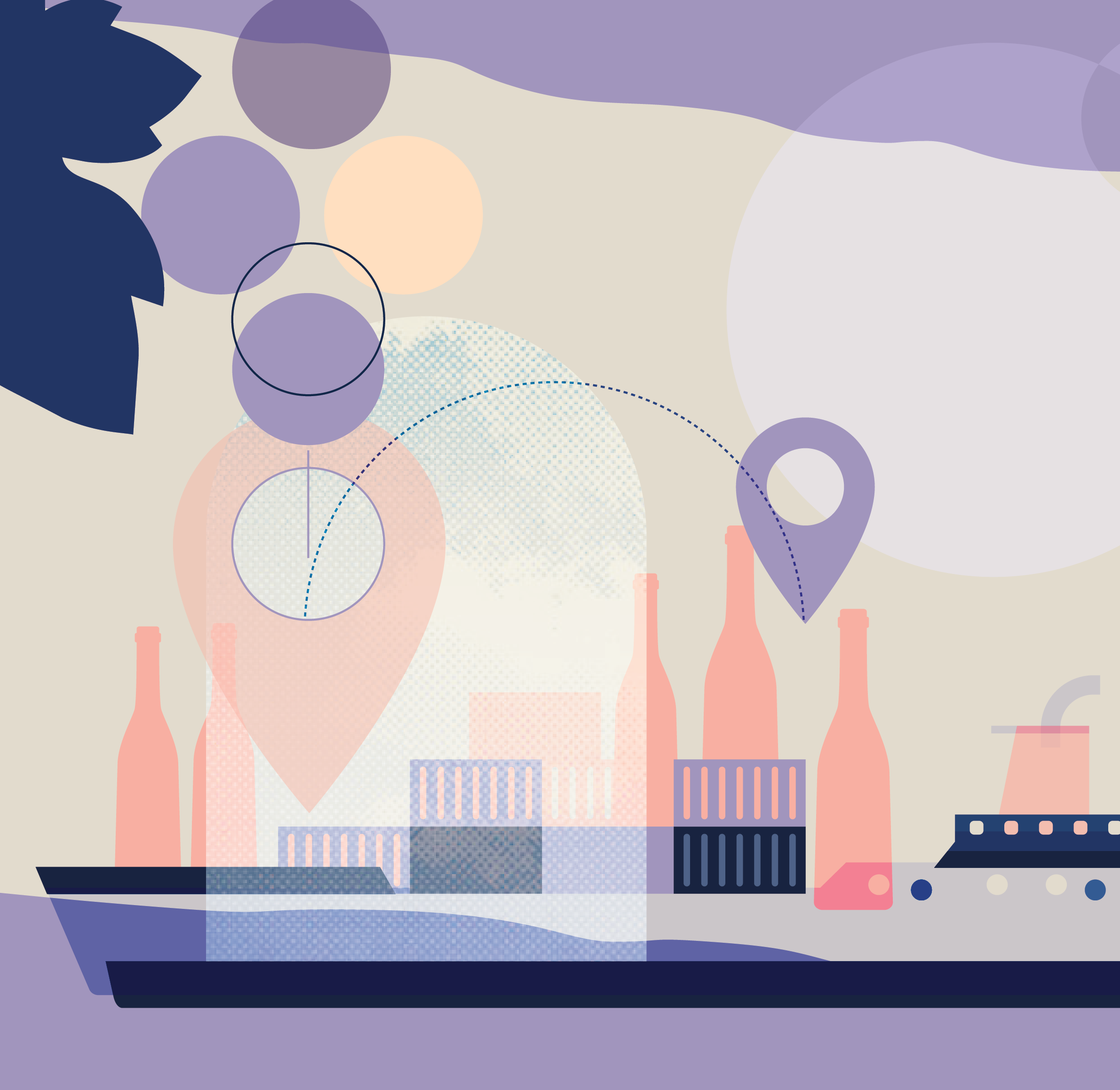 An abstract digital illustration of a laptop with graphical elements like circles, lines, and patterns in pastel purple, pink, navy, and beige colors.
