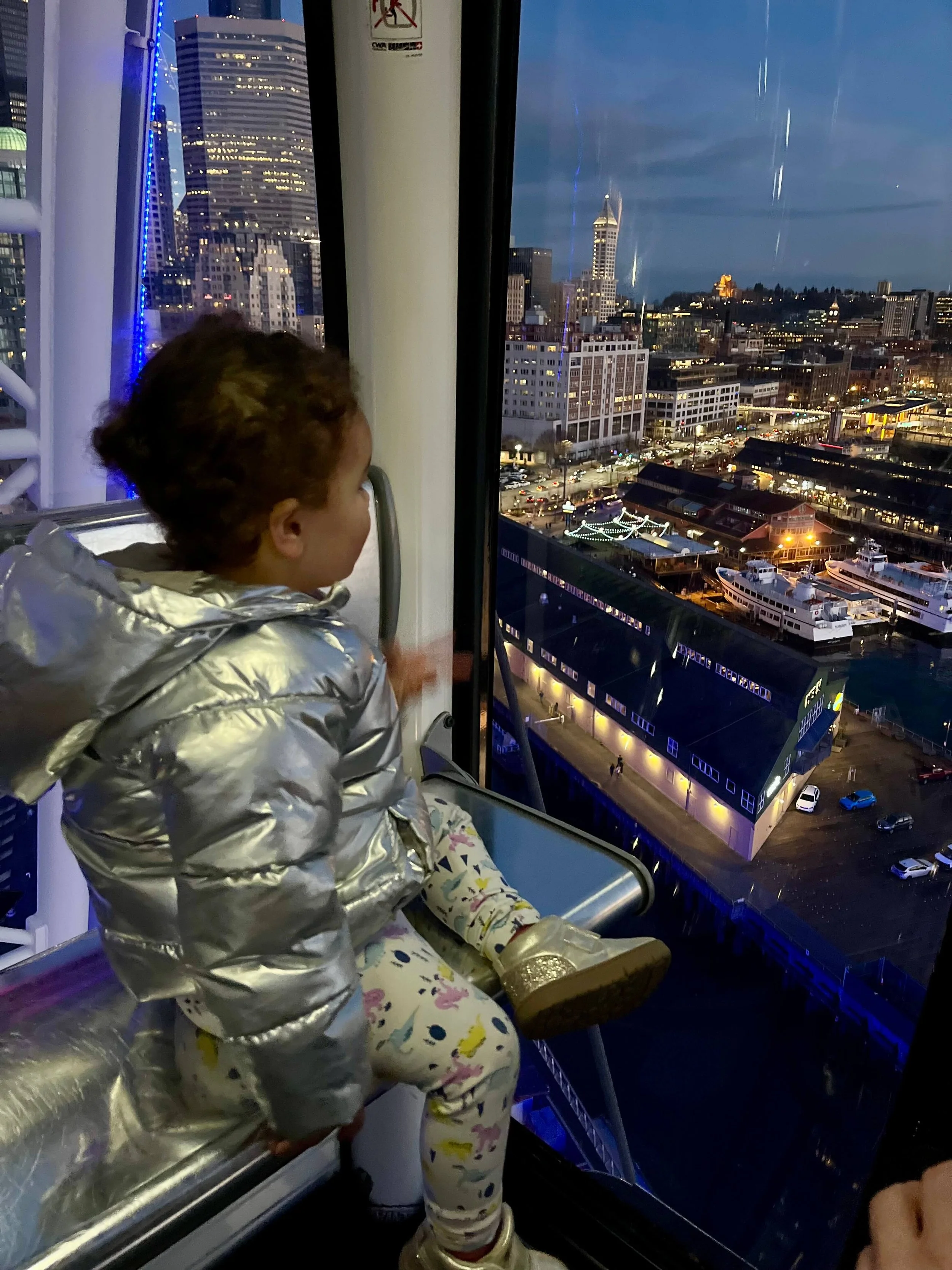 toddler on the Seattle Great Wheel admiring the sunset and  city lights below