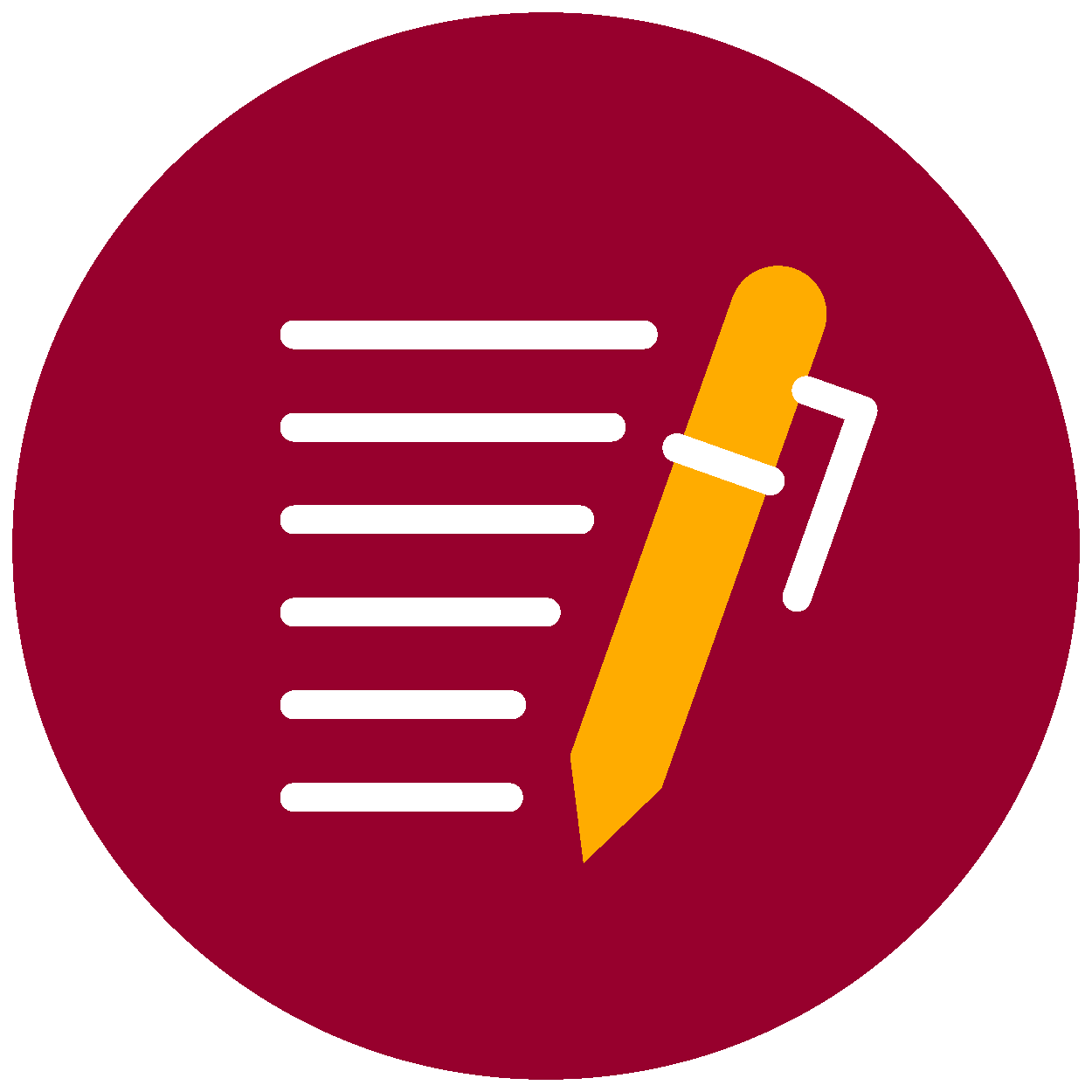 Icon of a notepad with a yellow pen writing on it, on a red circular background.