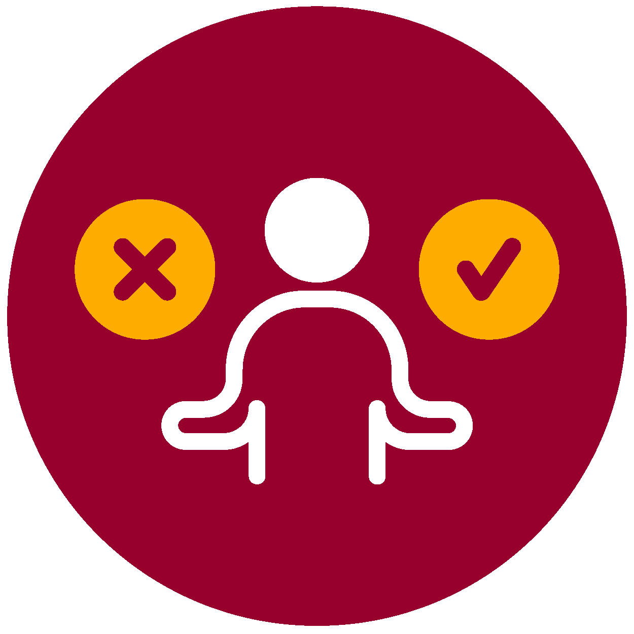Illustration of a person with icons indicating approval on the right and disapproval on the left.