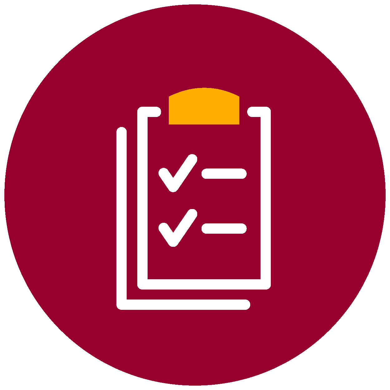 Icon of a clipboard with a checklist, surrounded by a maroon circle.