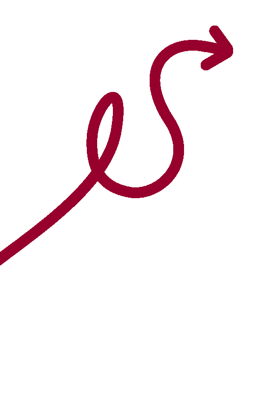 A burgundy-colored line drawing of a sewing needle with a thread creating a loop and a needle-shaped arrow at the end.