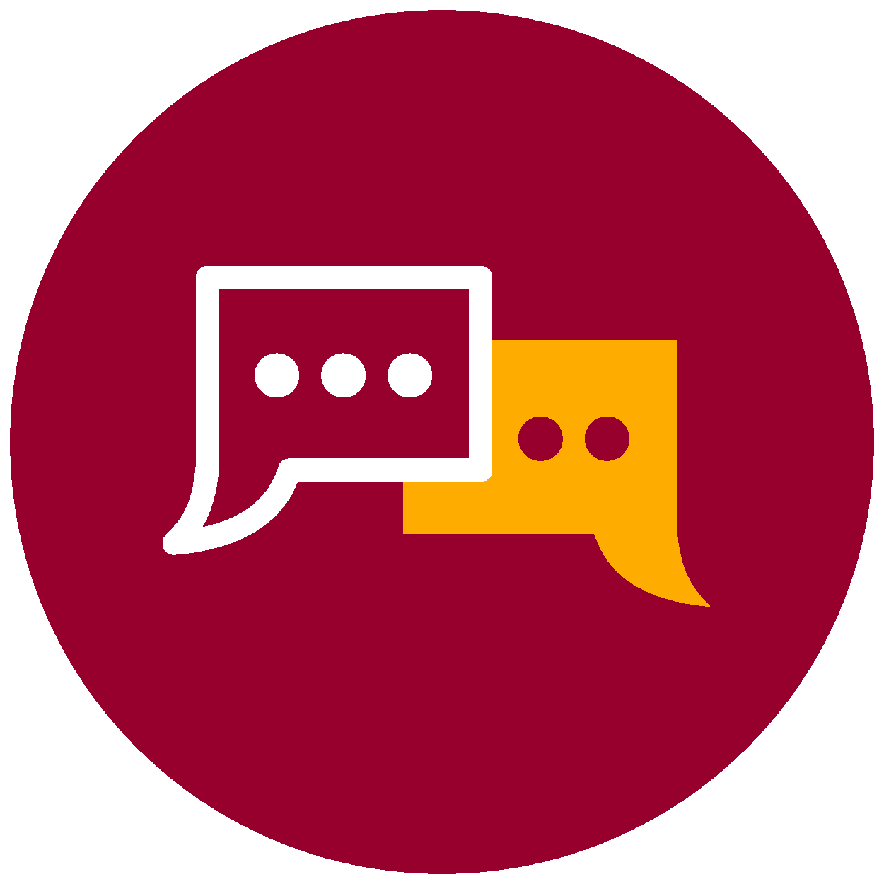 Two speech bubbles, one white and one yellow, with three dots inside each, representing conversation or chat, against a red circular background.