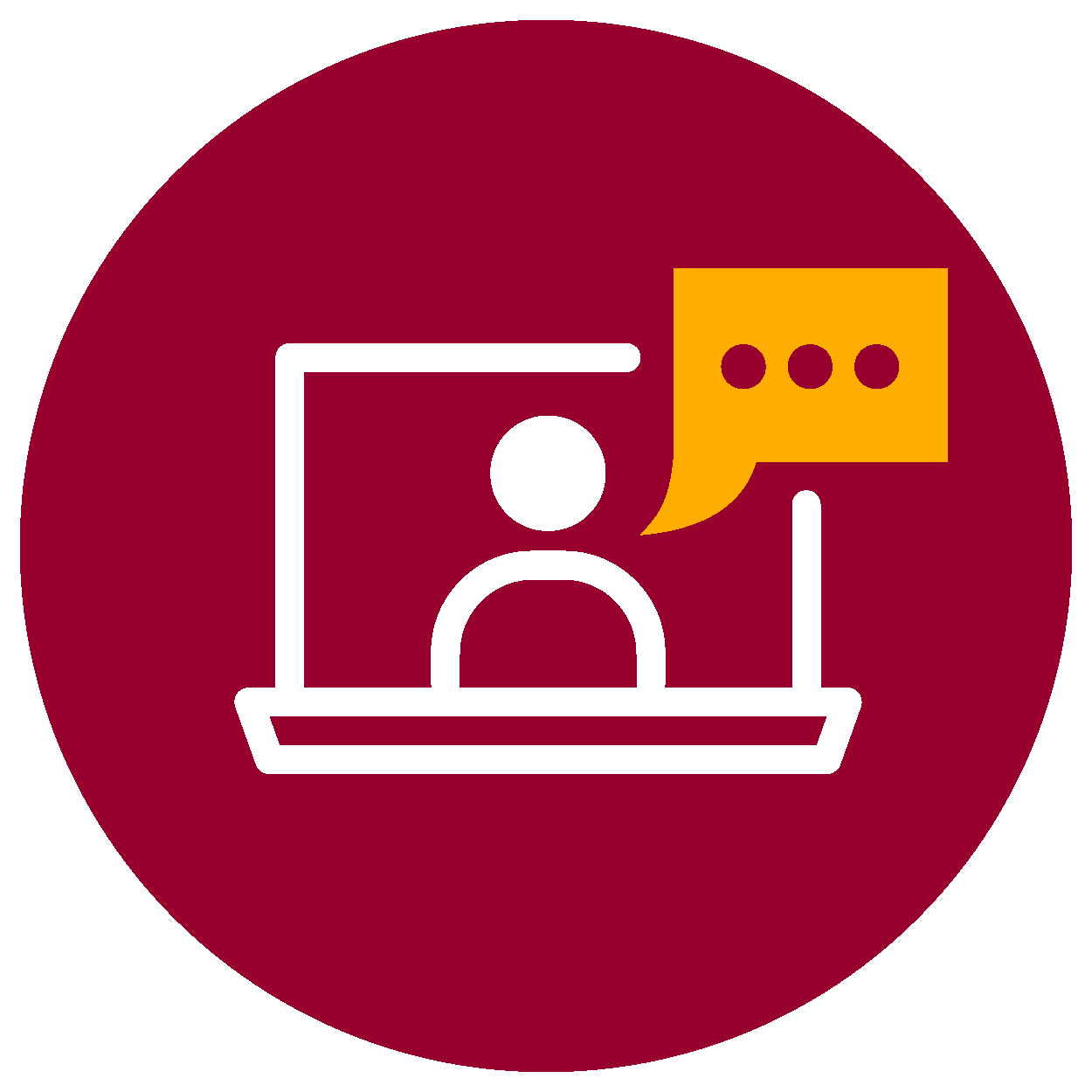 Icon of a person speaking on a laptop with a speech bubble containing three dots