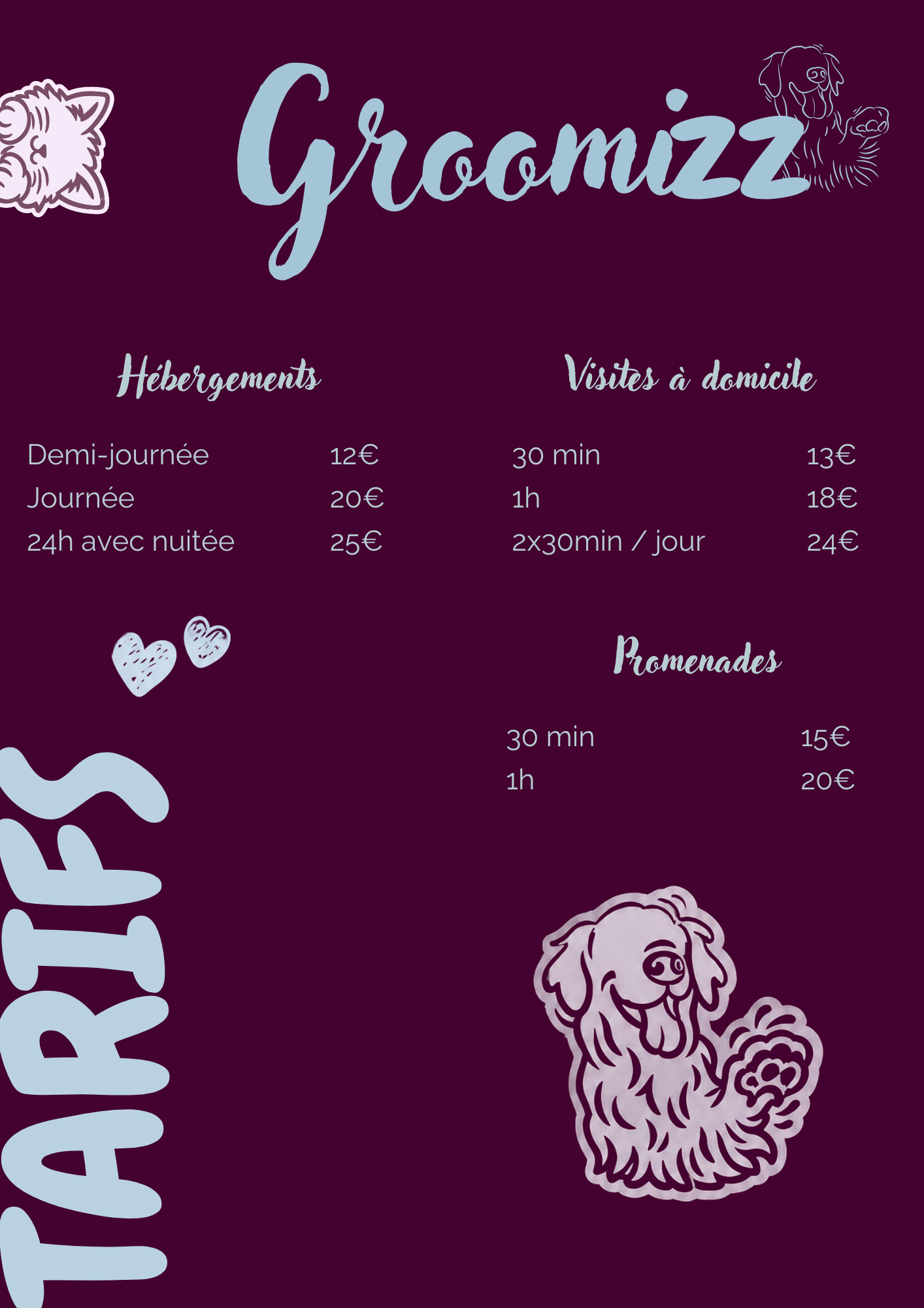 Un graphique présentant les prix des hébergements et des visites à domicile, avec des illustrations de chiens et de coeurs décoratifs.