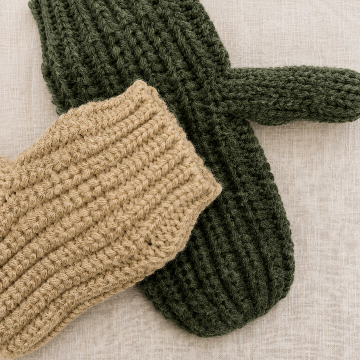 Green and beige merino wool mittens for Canadian winters