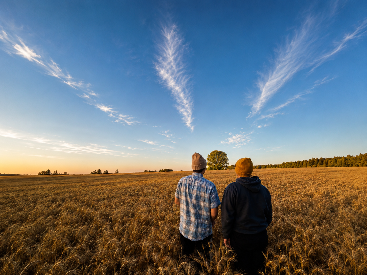 Two people wearing knit beanies walking through a field at sunset