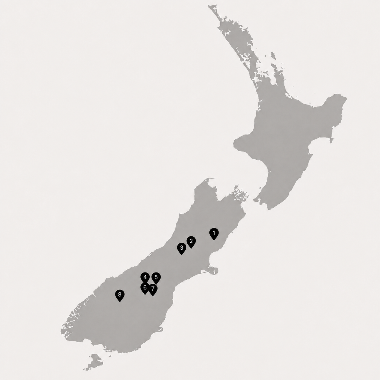 Map of New Zealand showing GoodSheep merino wool grower farms