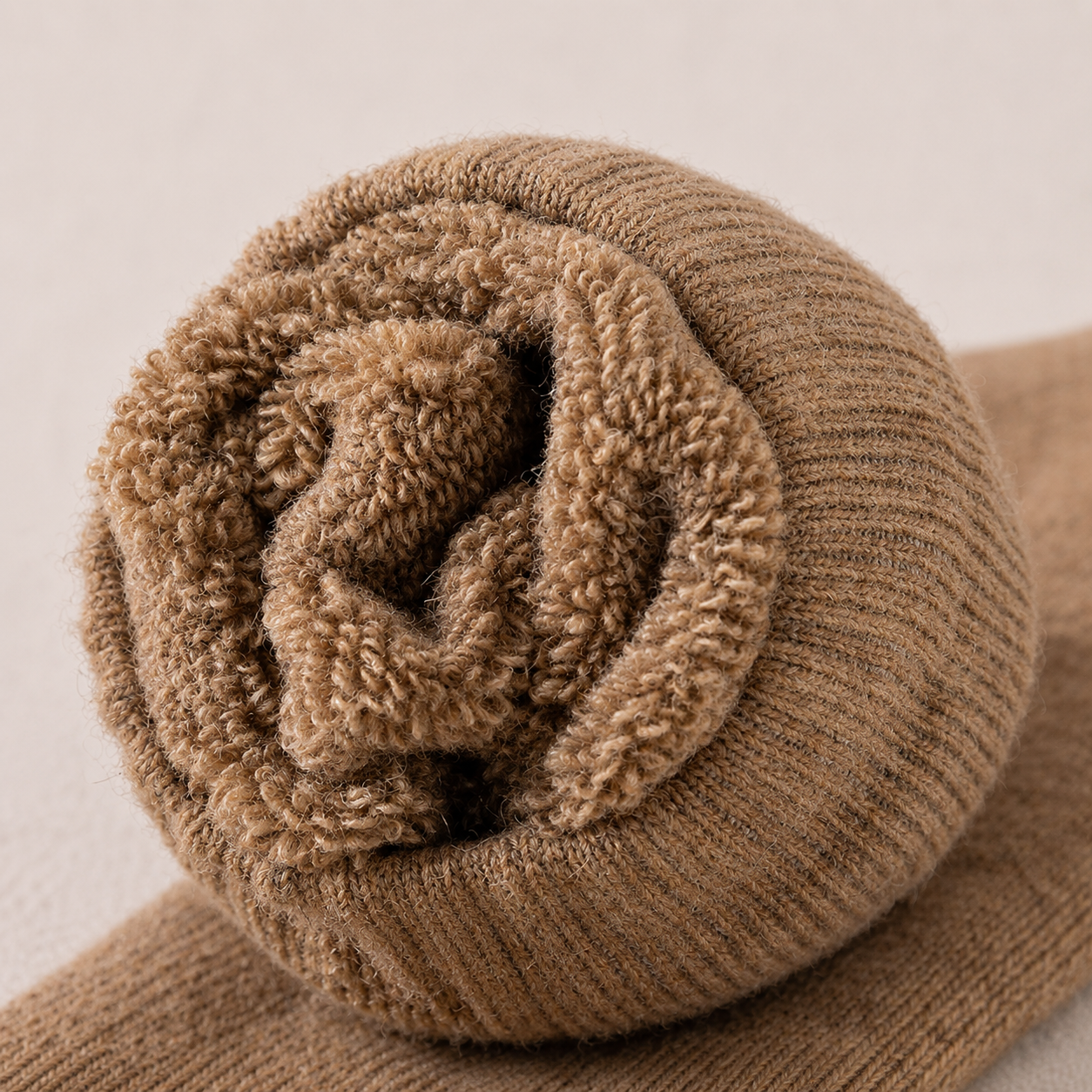 Rolled beige merino wool sock for cold-weather wear