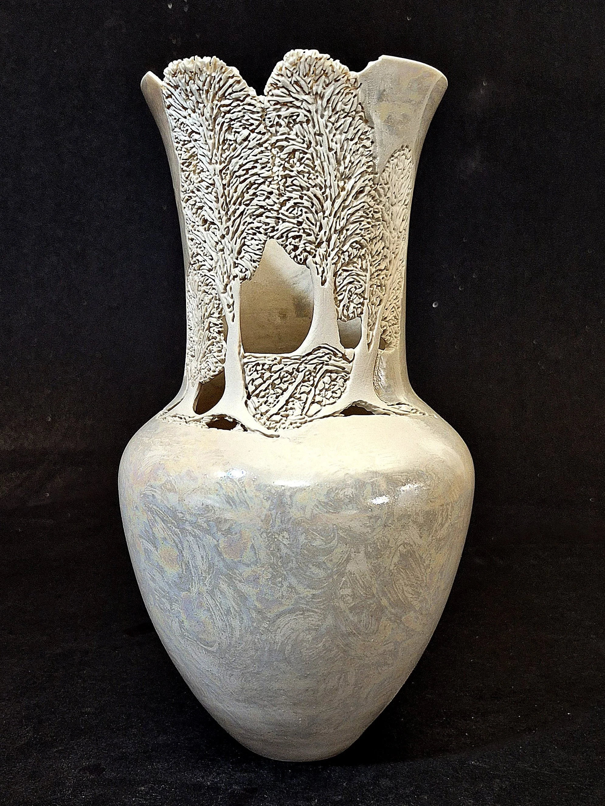 Carved Porcelain Vase. 4 Aspen trees. 10¼" Tall