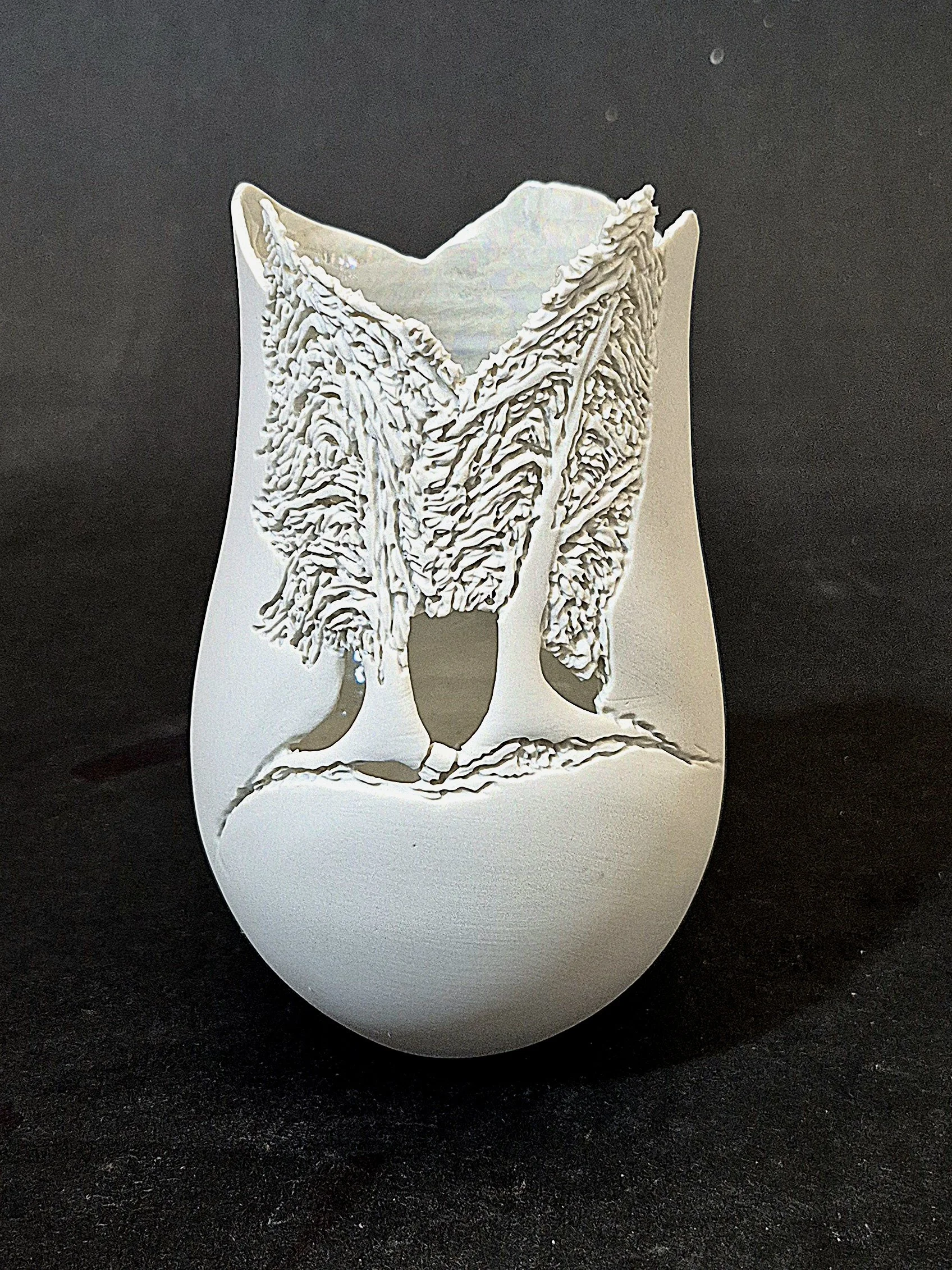 Carved Porcelain Vase. 2 Fir Trees. Unglazed. 6" Tall.