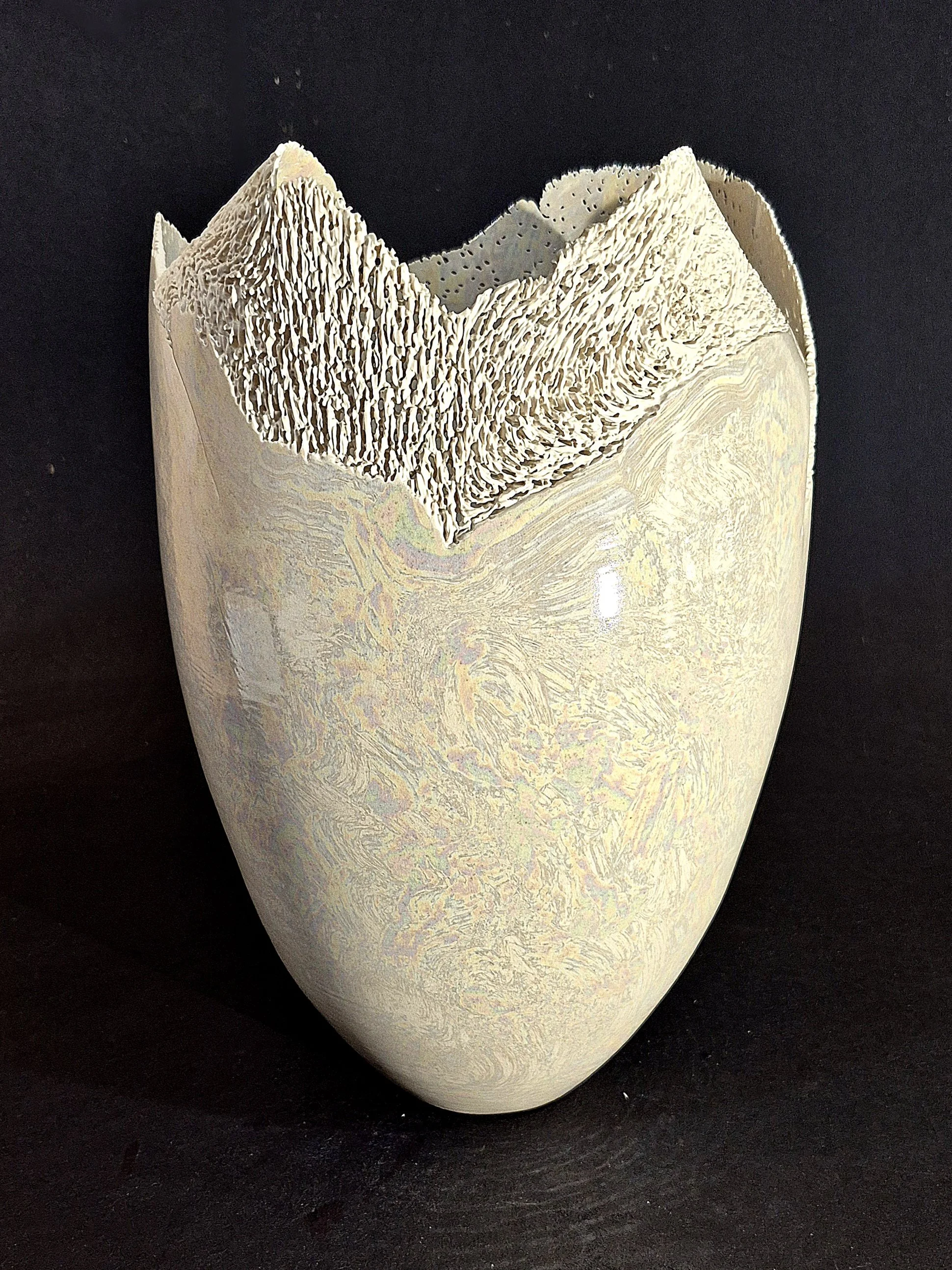 Carved Porcelain Vase. Coral design with Angel's Wings. Lusterware. 14½" Tall.