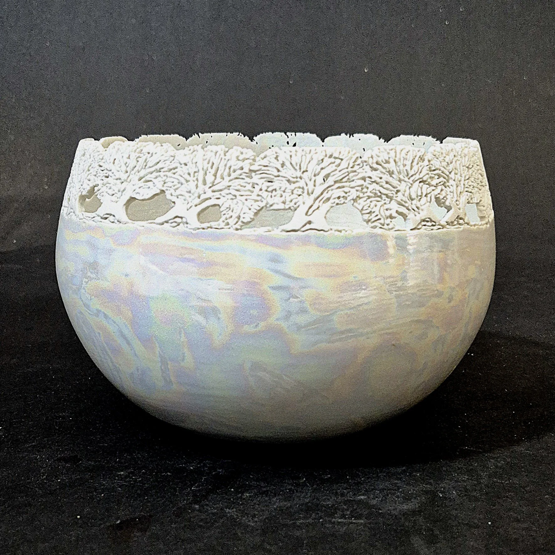 Carved Porcelain Bowl with a Line of Oak Trees carved into the rim
