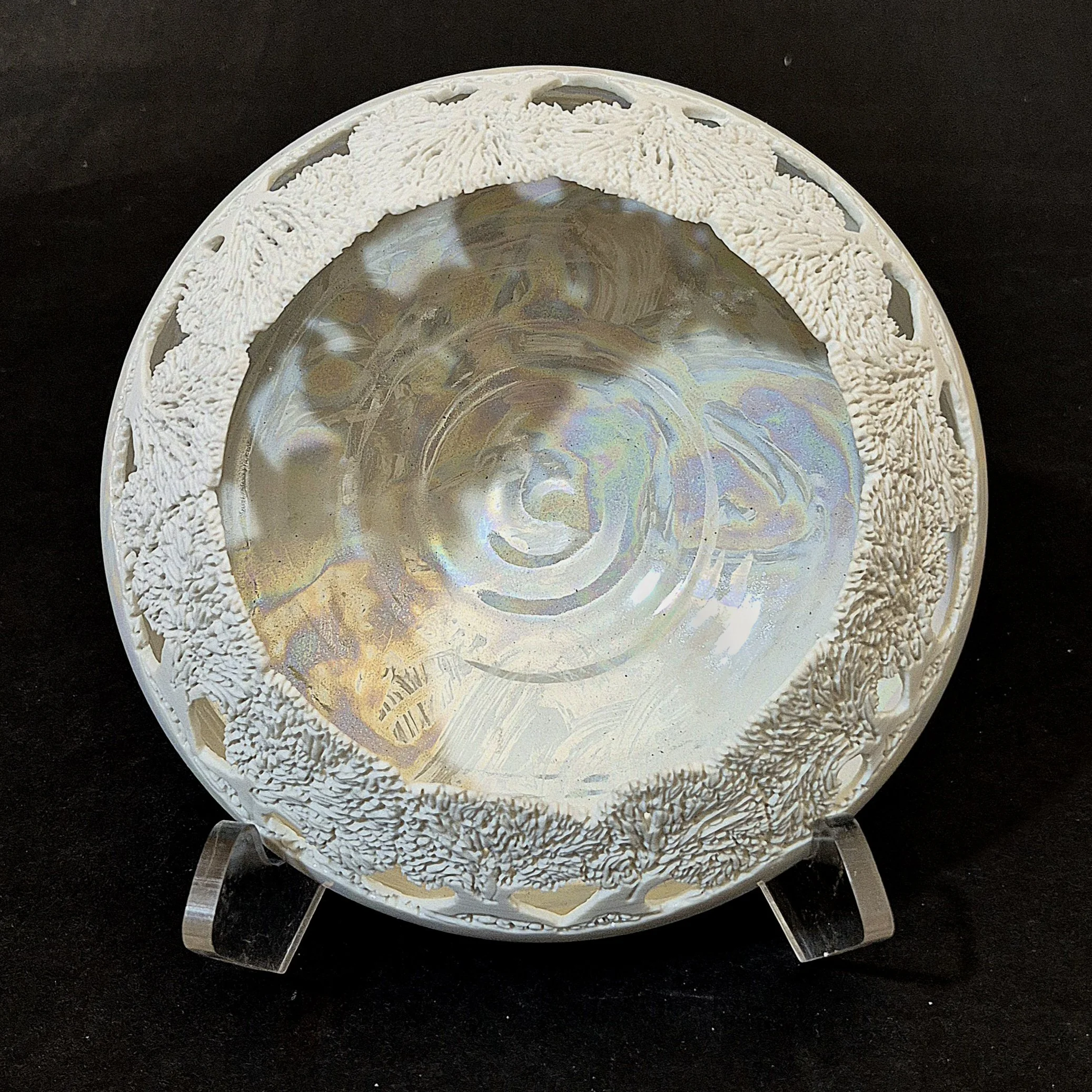 Carved Porcelain Bowl. Rim carved with a row of oak trees. Oxidation luster glaze. 6¾" Diameter