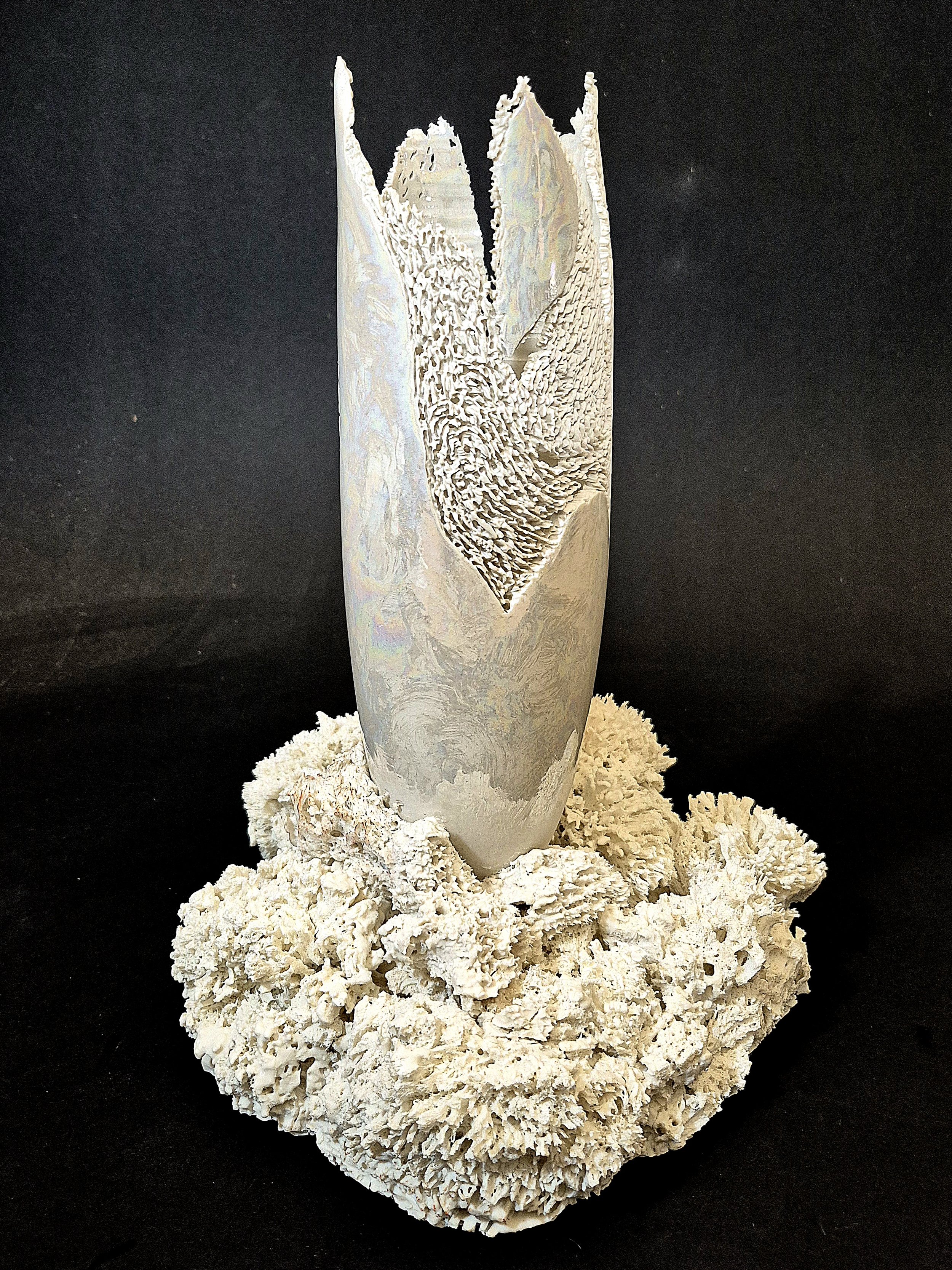 Handmade Porcelain Coral with Carved Porcelain Bud Vase.  14" Tall