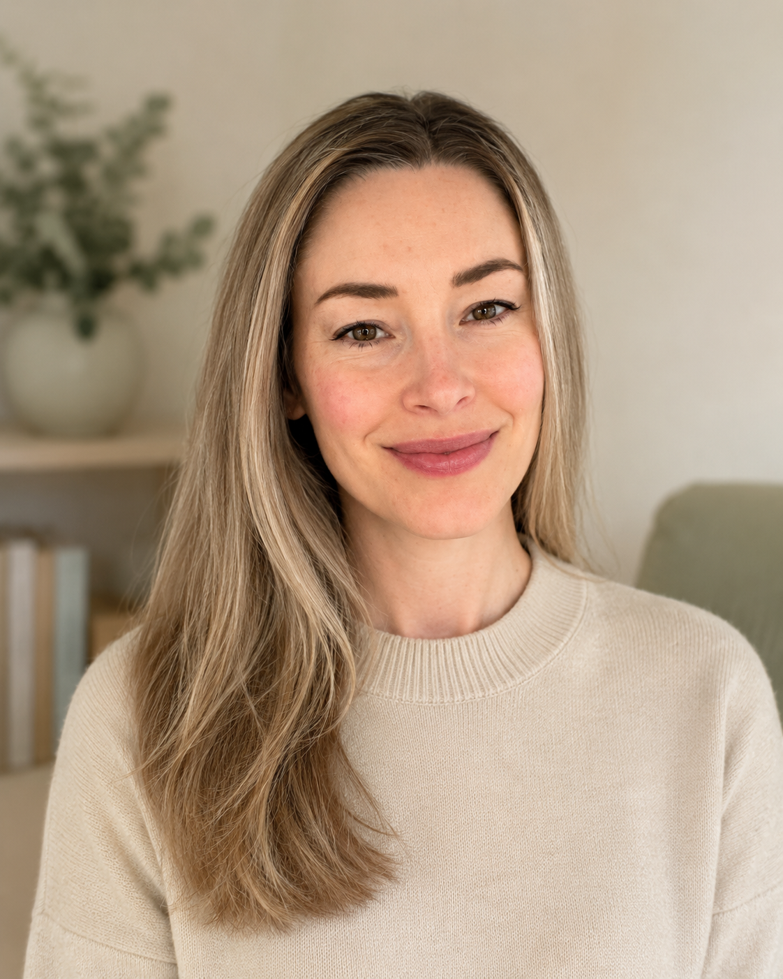 A smiling woman with long, wavy blonde hair wearing a beige sweater in a cozy indoor setting.