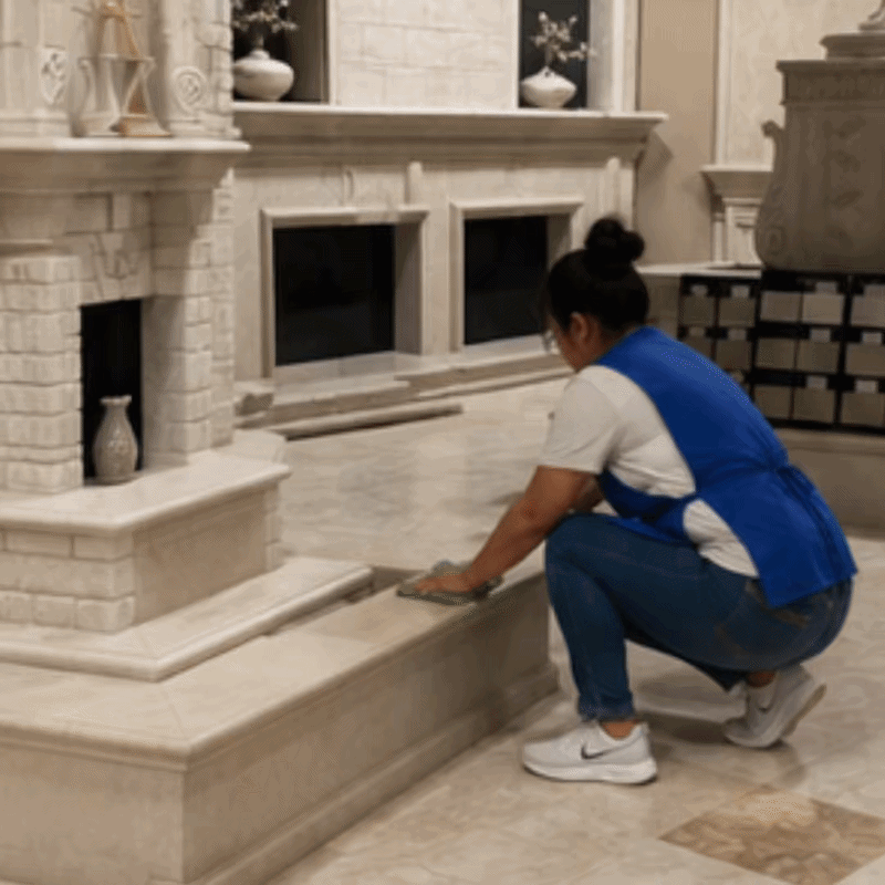 A woman in a blue apron and white shirt cleaning the floor of a living room with a scrubbing tool.
