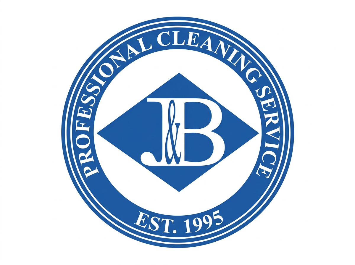 Circular logo for professional cleaning service, established in 1995, featuring a blue diamond shape with stylized 'J' and 'B' initials inside and the text 'PROFESSIONAL CLEANING SERVICE' around the circle.