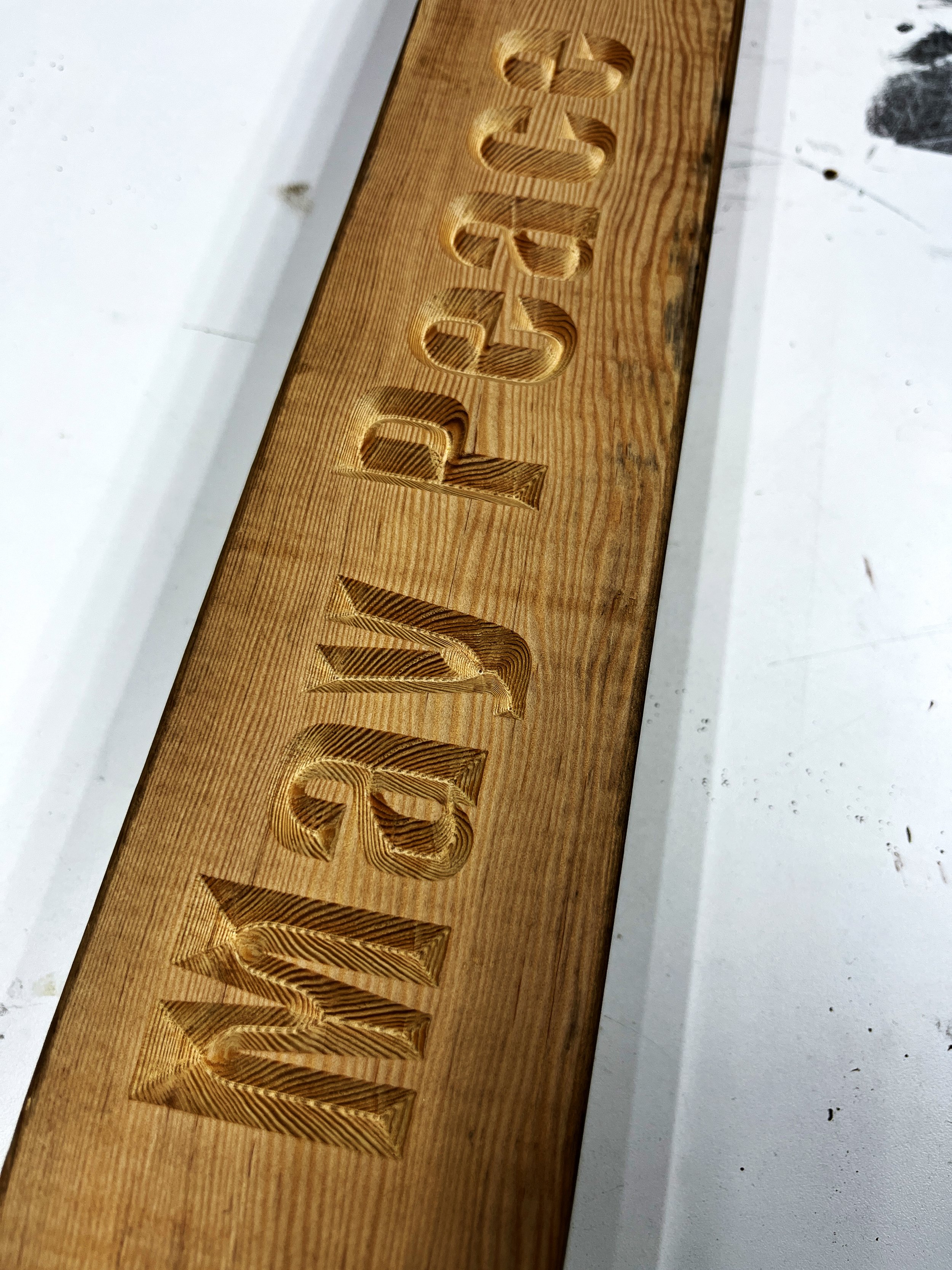 Close-up of a wooden sign with carved lettering that reads 'LOST'.
