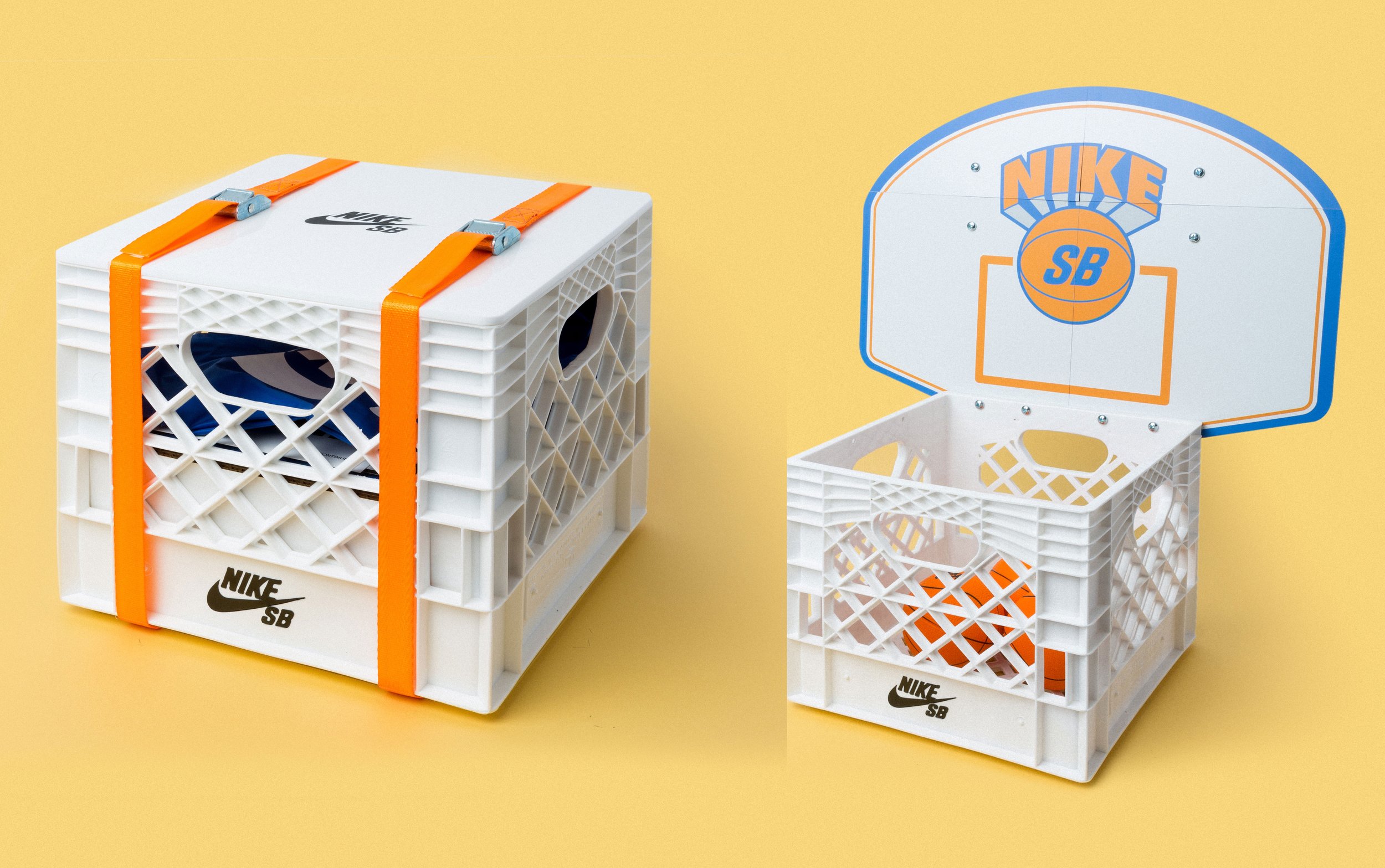 Two Nike SB mini basketball hoop seeding kits setups with white crates, orange straps, and orange basketballs, against a yellow background.